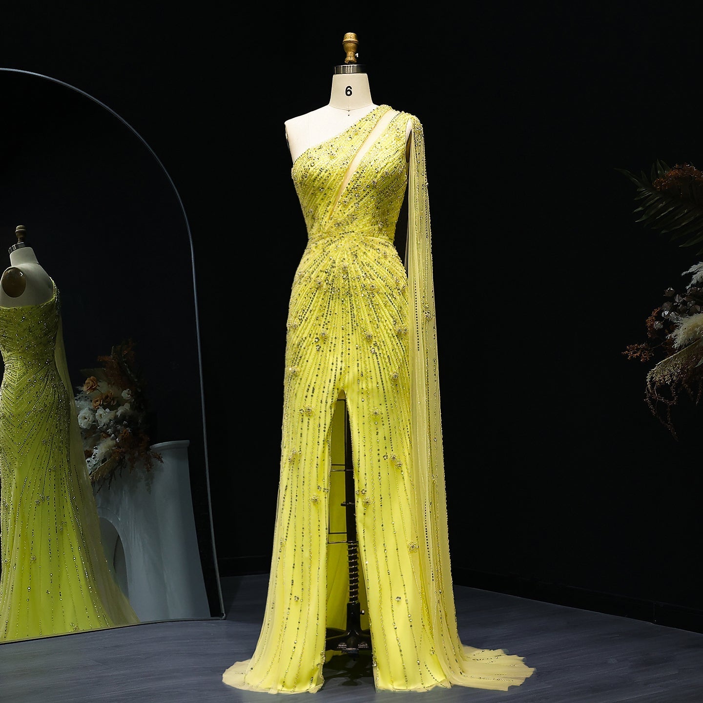 Elegant One Shoulder Beaded Black Evening Dress SS317  Yellow / US 16