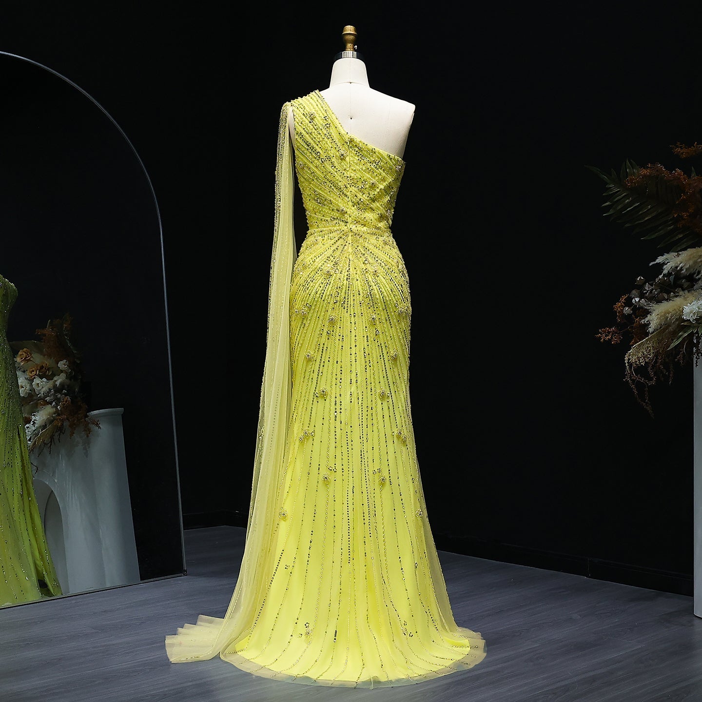 Elegant One Shoulder Beaded Black Evening Dress SS317