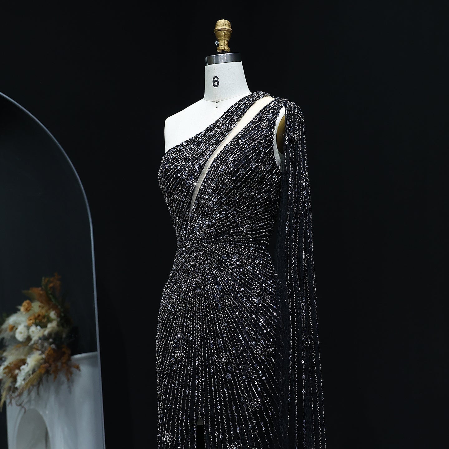 Elegant One Shoulder Beaded Black Evening Dress SS317