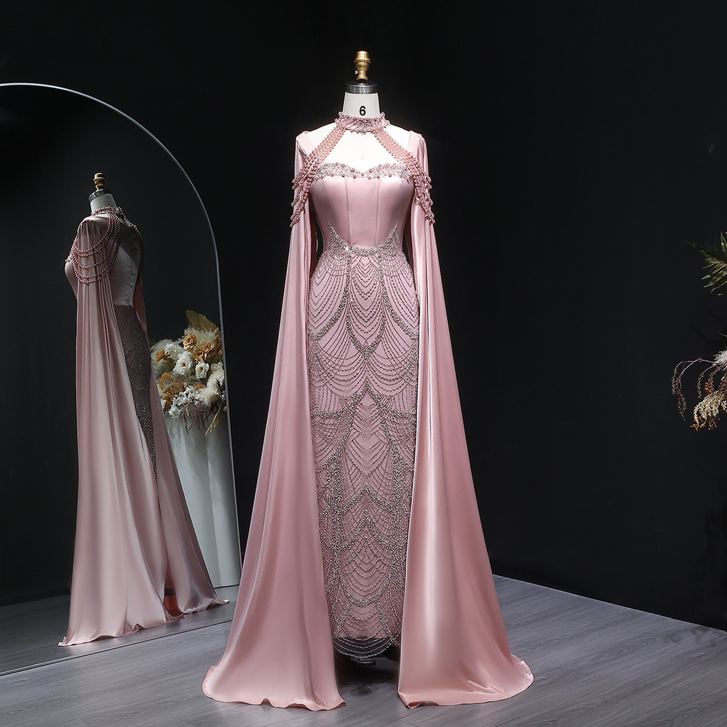 Luxury Pink Beaded Evening Dress with Cape Sleeves SS662  Pink / US 20