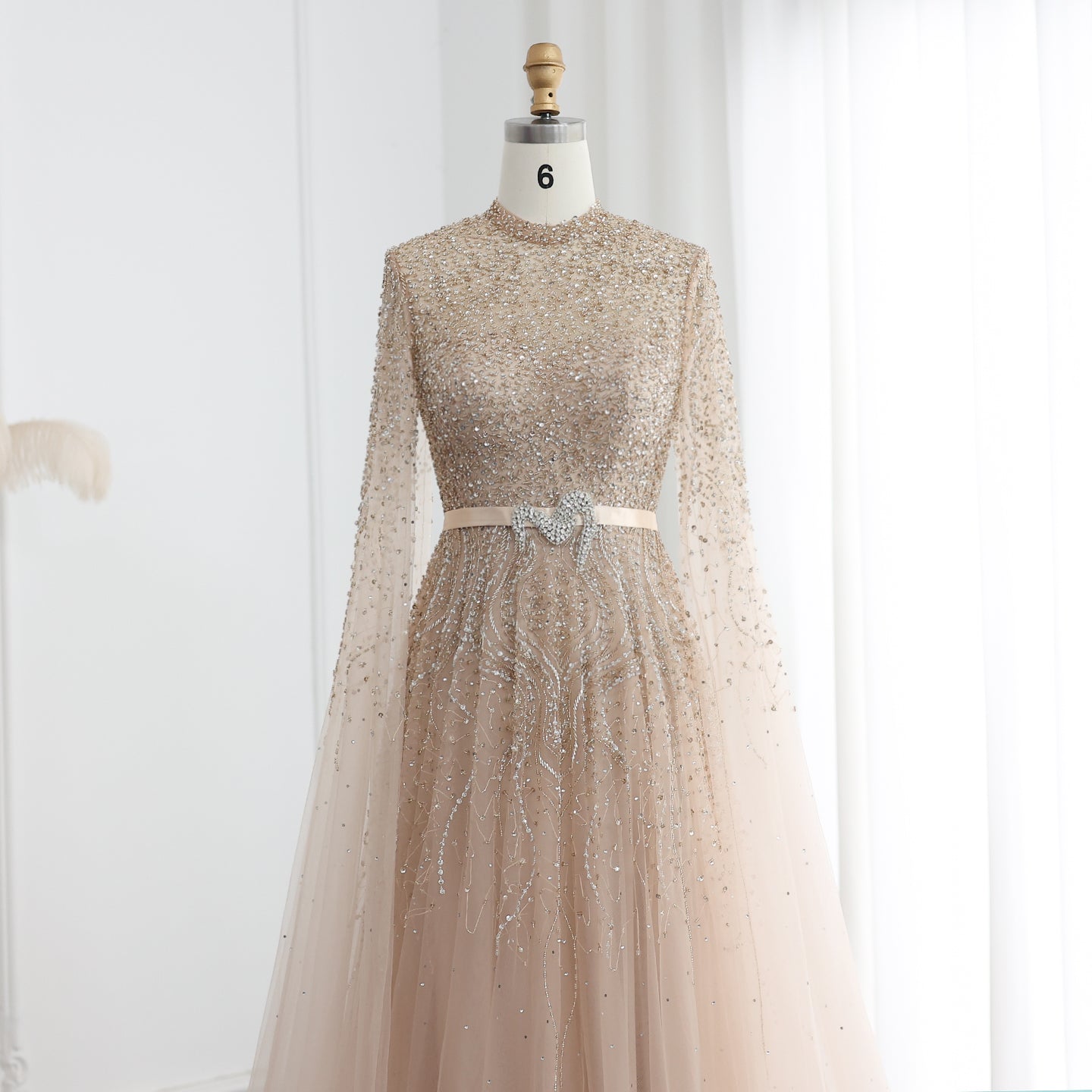 Luxury Blue High Neck Evening Dress with Cape Sleeves SS451