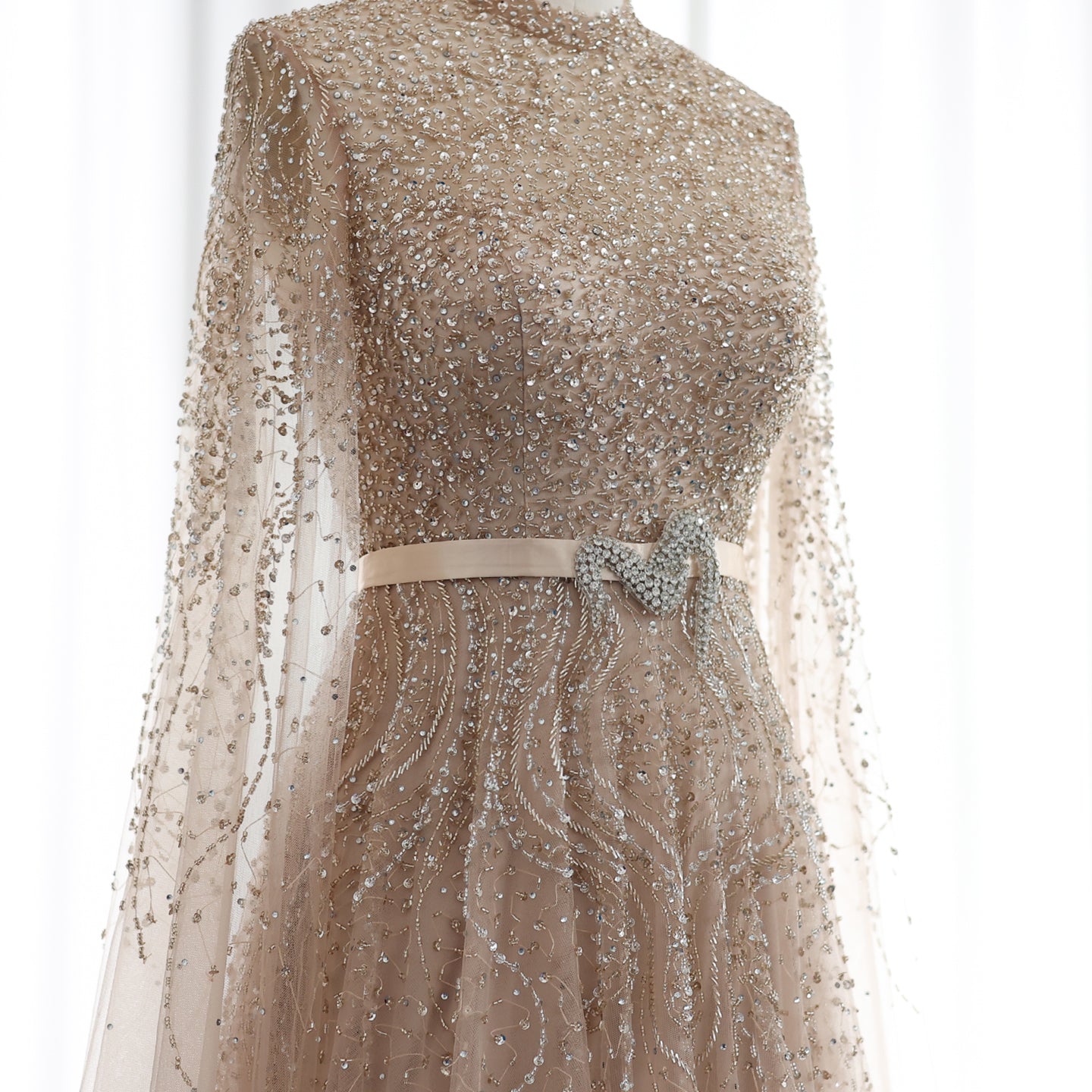 Luxury Blue High Neck Evening Dress with Cape Sleeves SS451