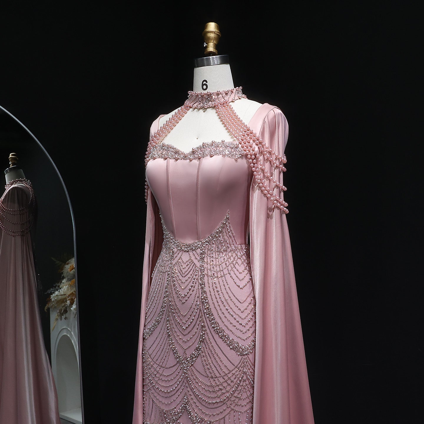 Luxury Pink Beaded Evening Dress with Cape Sleeves SS662