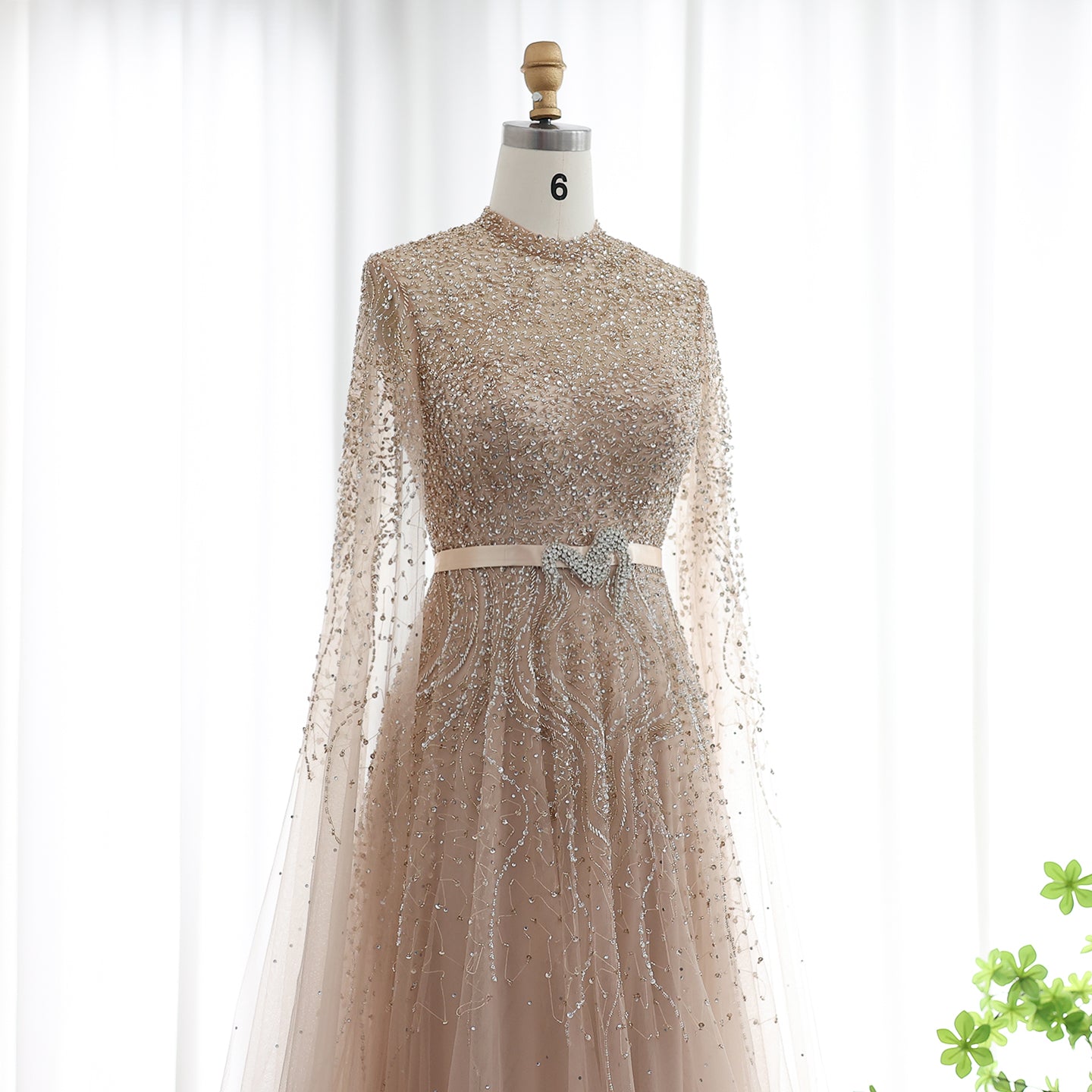 Luxury Blue High Neck Evening Dress with Cape Sleeves SS451