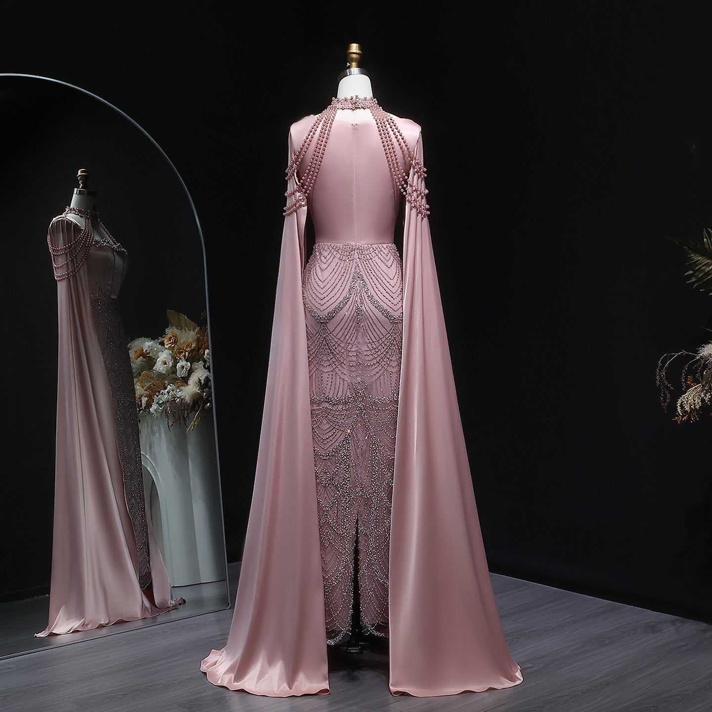 Luxury Pink Beaded Evening Dress with Cape Sleeves SS662