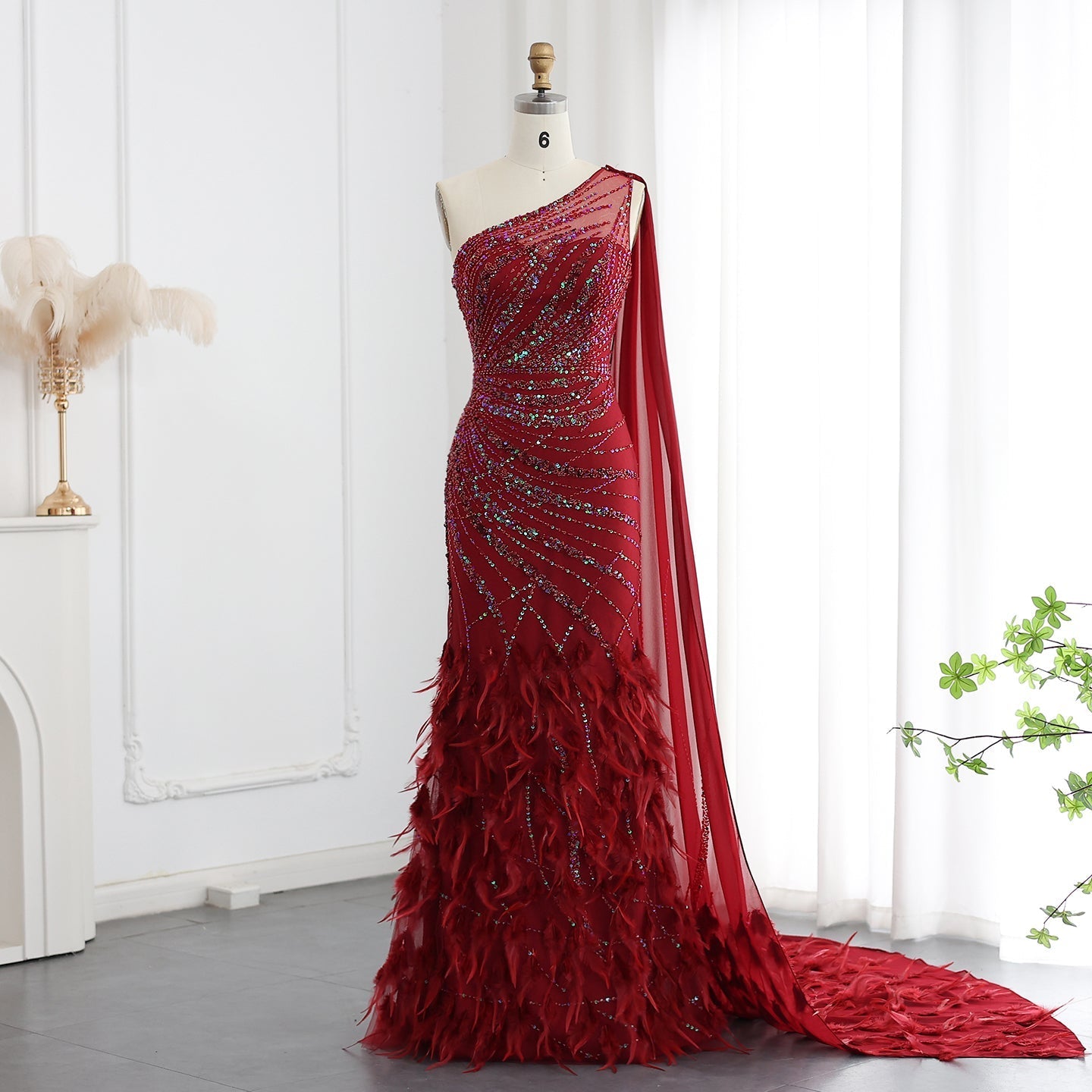 Luxury Feather Turquoise One Shoulder Evening Dress SS498  Burgundy / US 20
