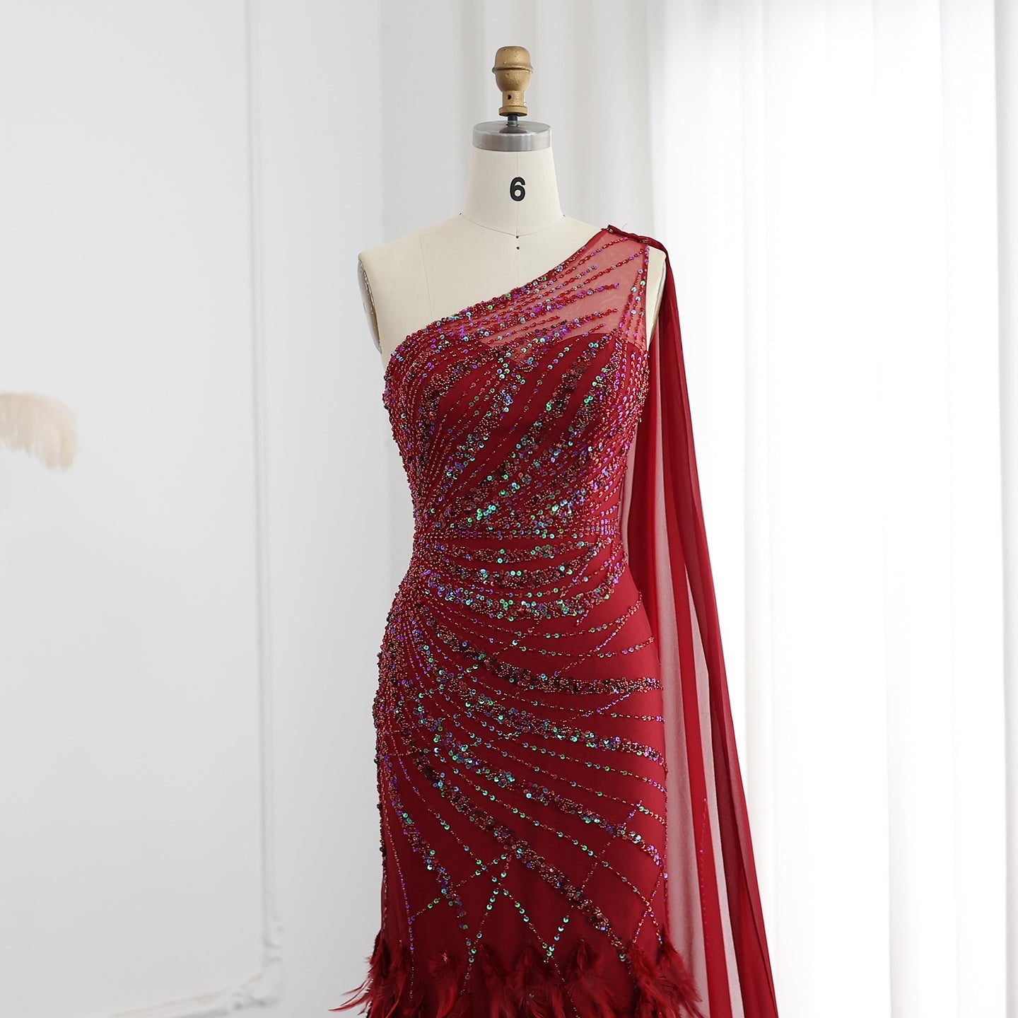 Luxury Feather Turquoise One Shoulder Evening Dress SS498