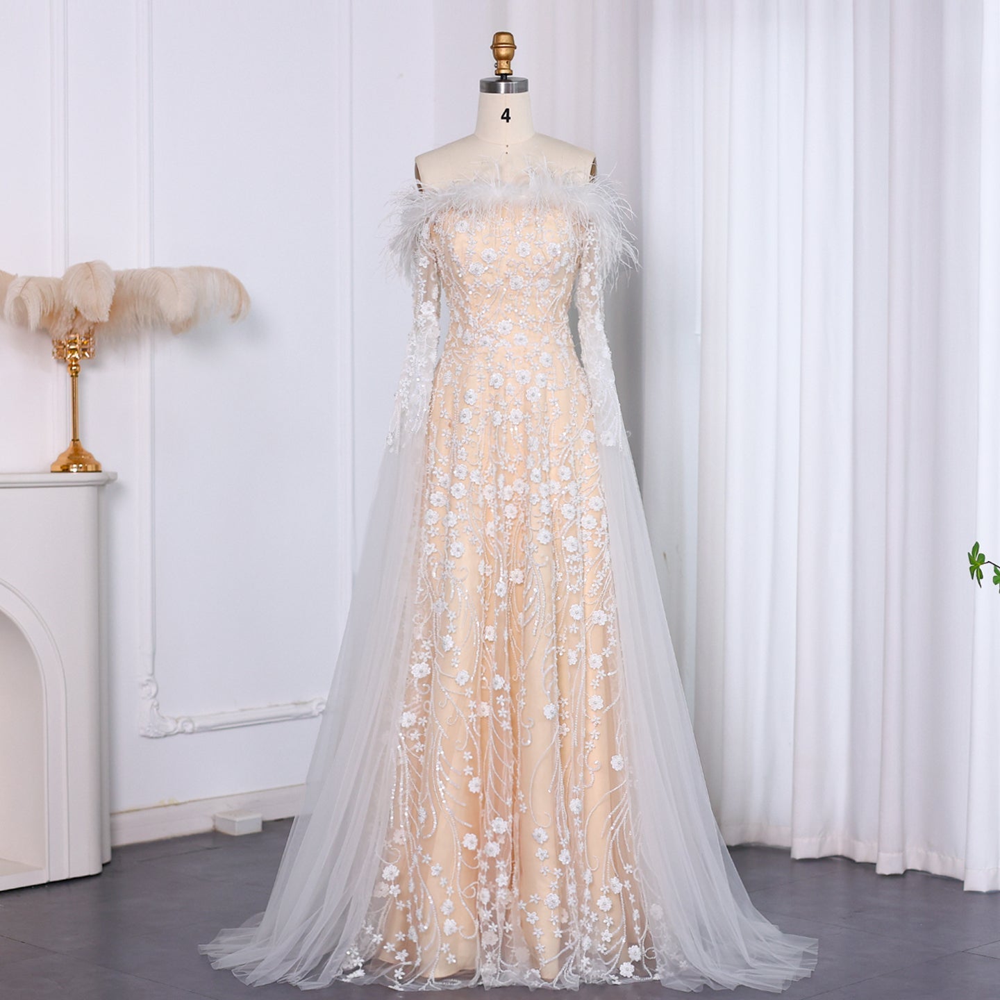 Off Shoulder Feathers Brown Evening Dress with Cape Sleeves SS707  Gold / US 20