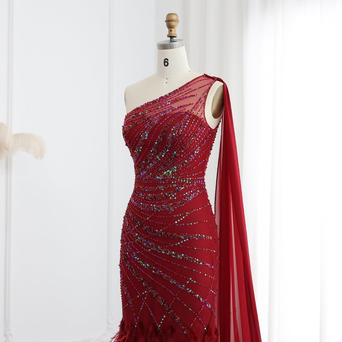 Luxury Feather Turquoise One Shoulder Evening Dress SS498