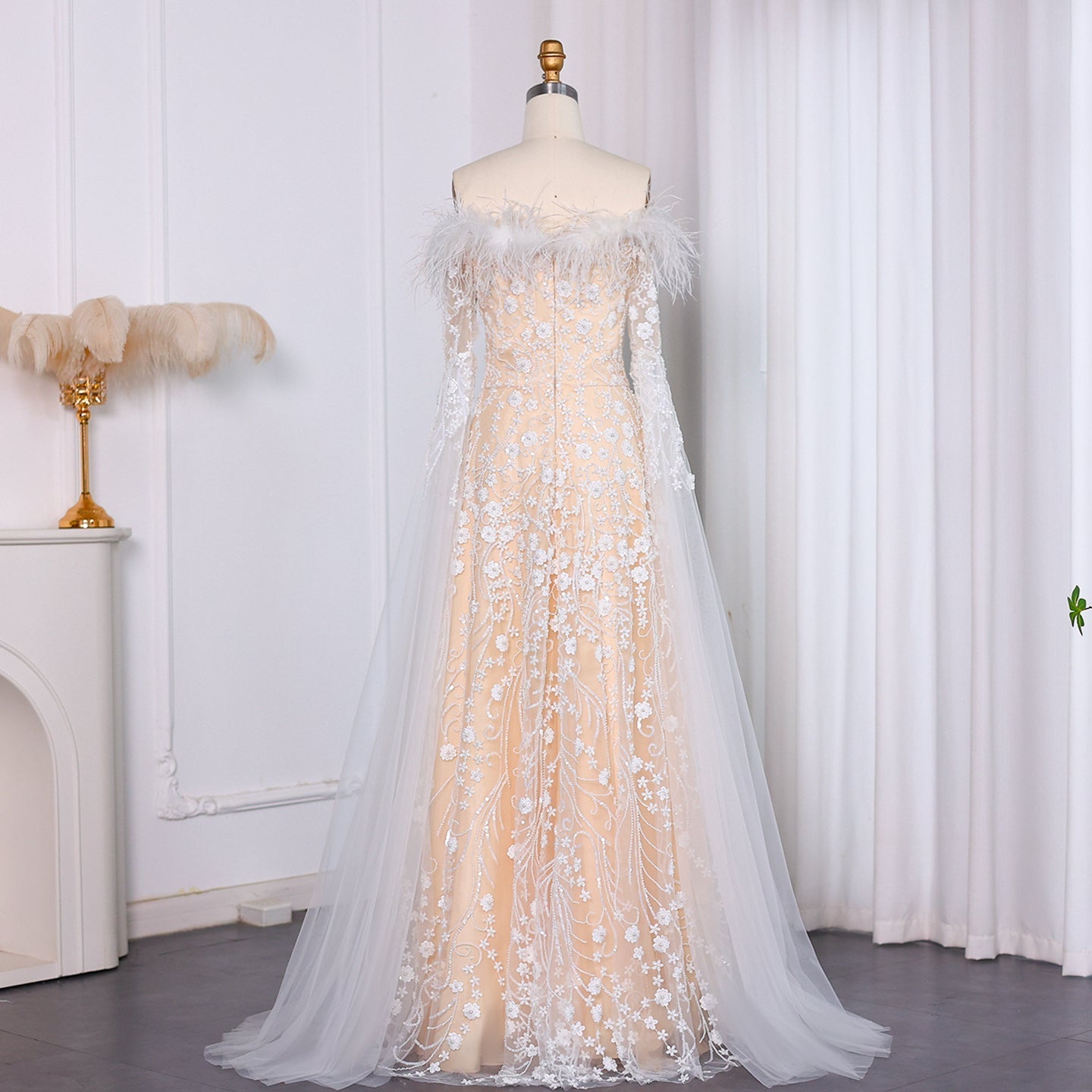 Off Shoulder Feathers Brown Evening Dress with Cape Sleeves SS707