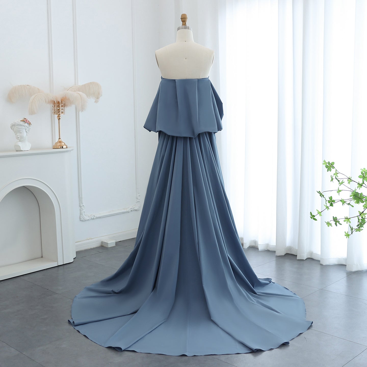 Luxury Blue Strapless Evening Dress with Cape SS454
