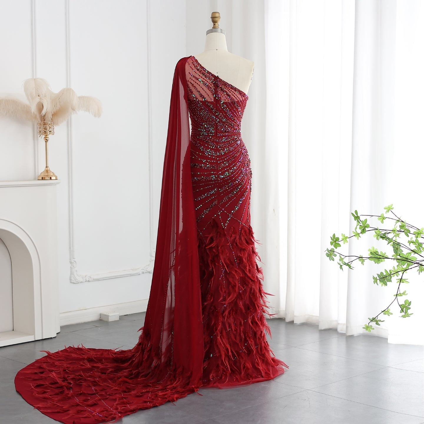 Luxury Feather Turquoise One Shoulder Evening Dress SS498