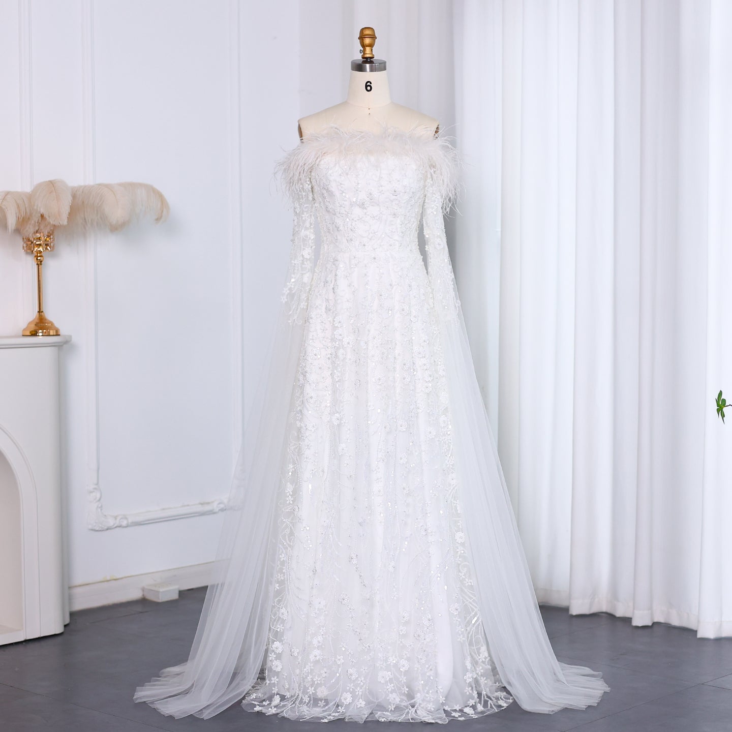 Off Shoulder Feathers Brown Evening Dress with Cape Sleeves SS707  White / US 20