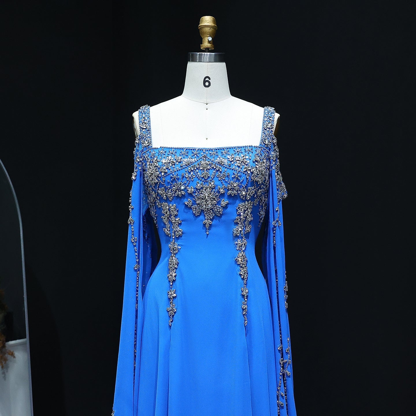 Chic Blue Crystal  Evening Dress with Flowing Cape Sleeve SS305
