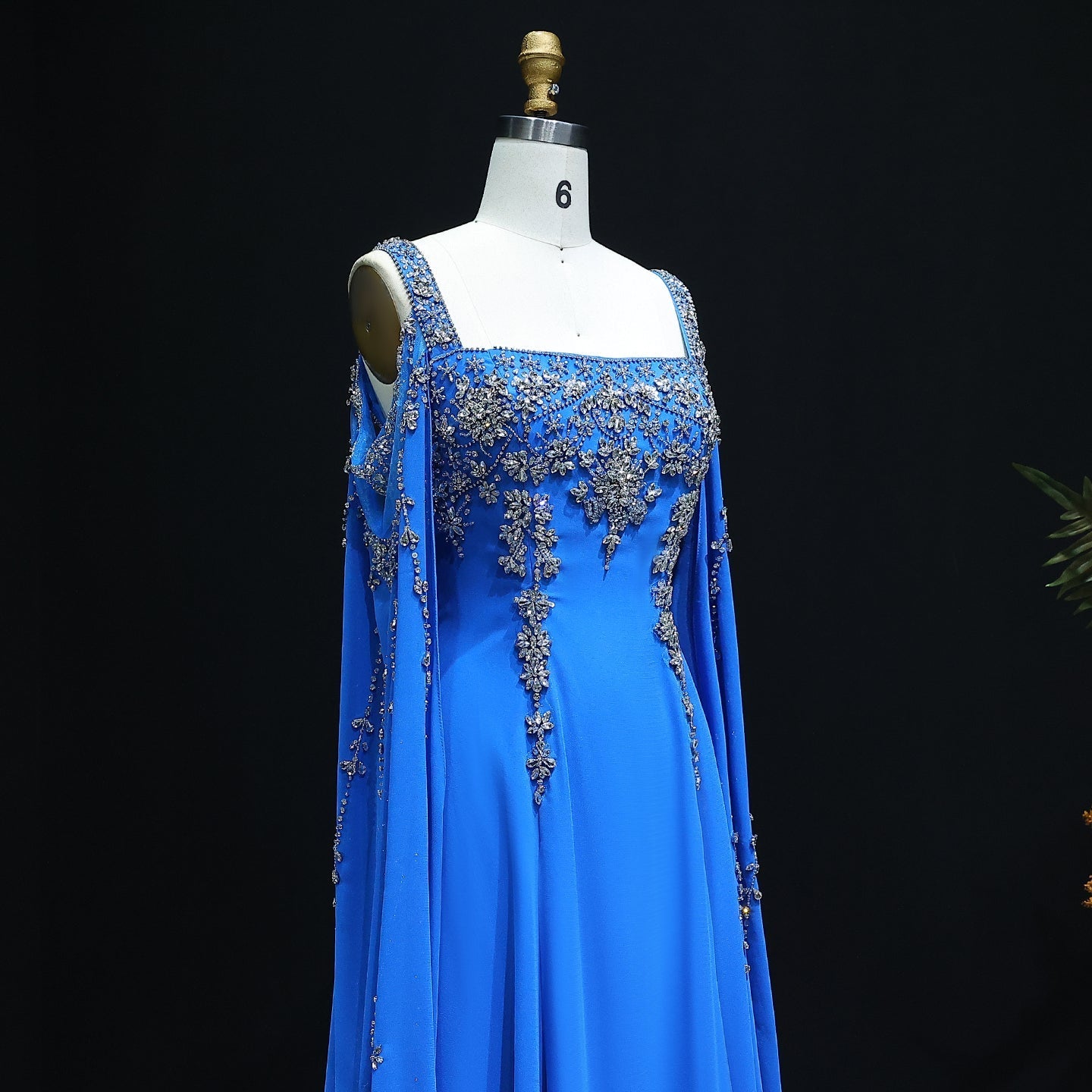 Chic Blue Crystal  Evening Dress with Flowing Cape Sleeve SS305