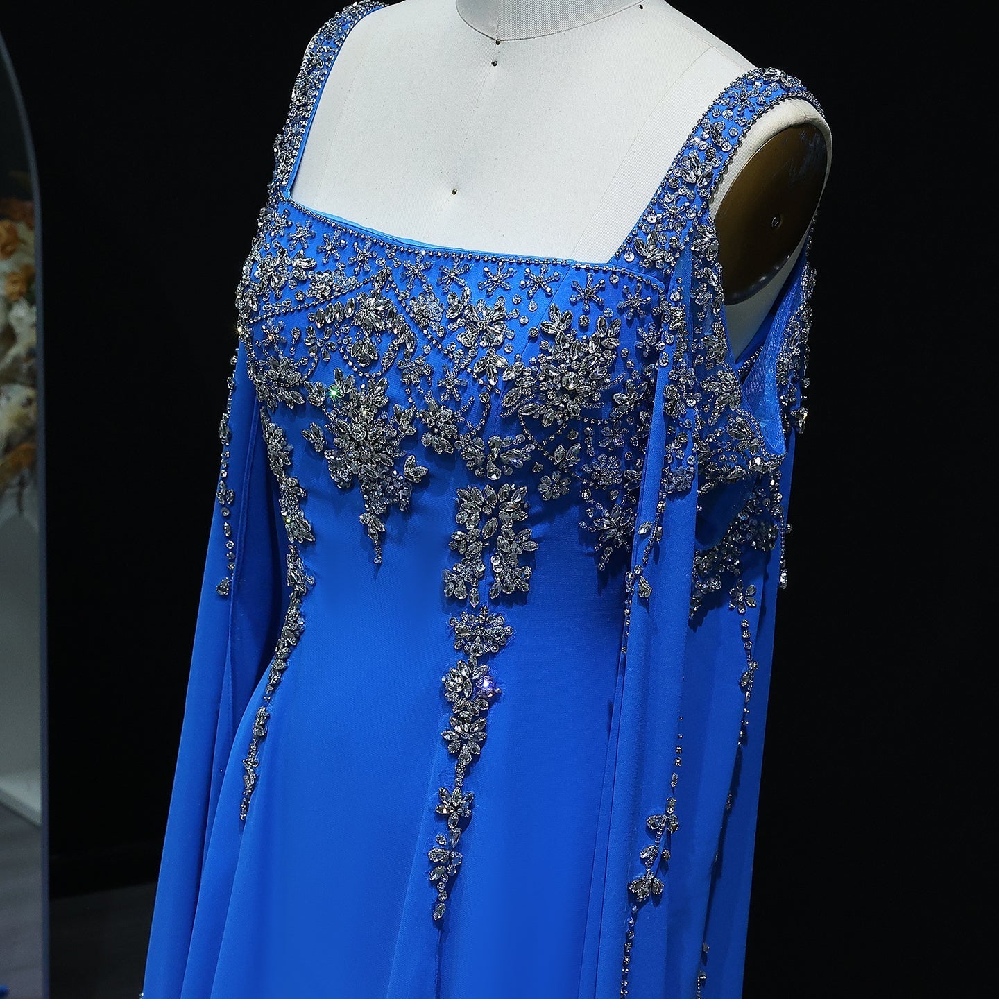 Chic Blue Crystal  Evening Dress with Flowing Cape Sleeve SS305