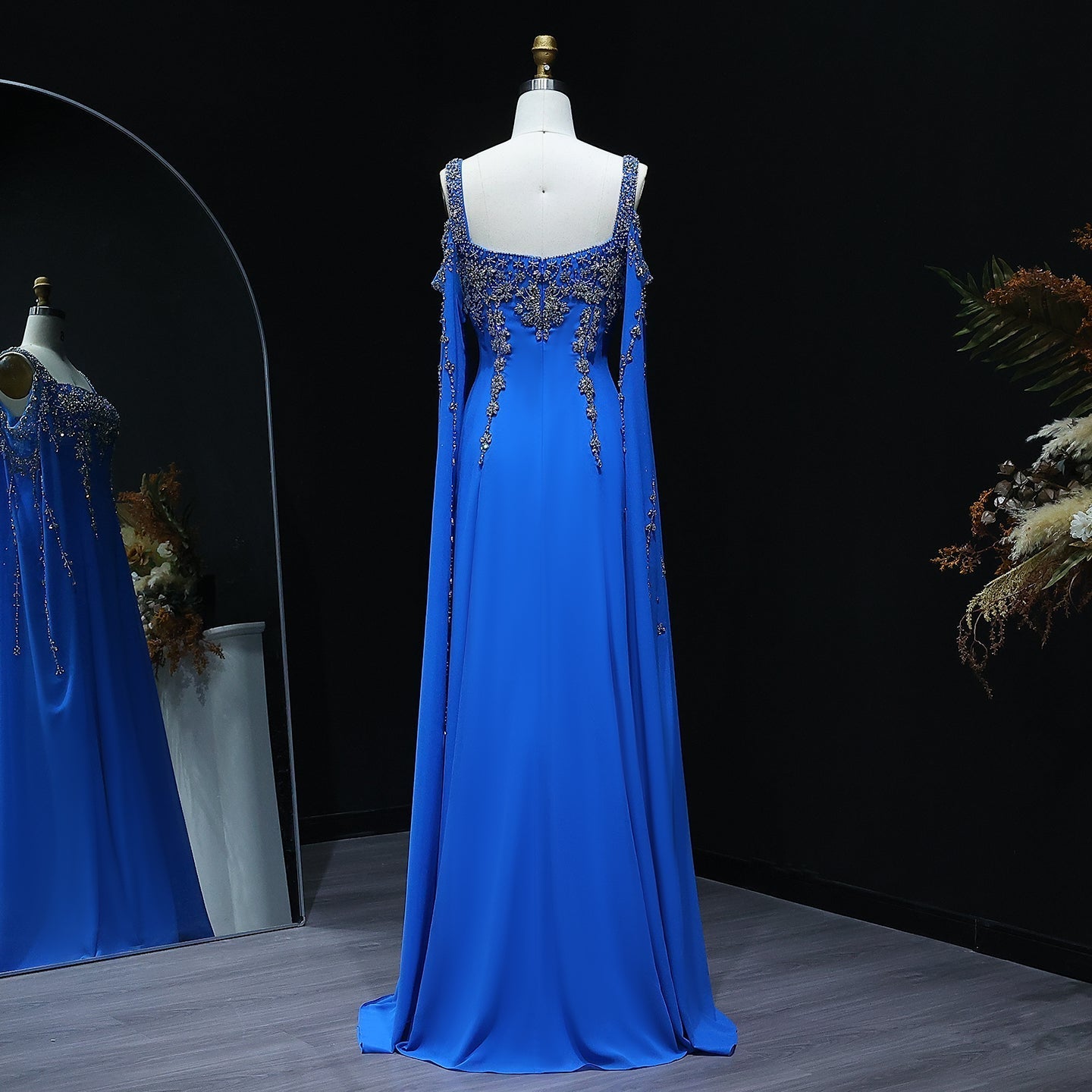 Chic Blue Crystal  Evening Dress with Flowing Cape Sleeve SS305