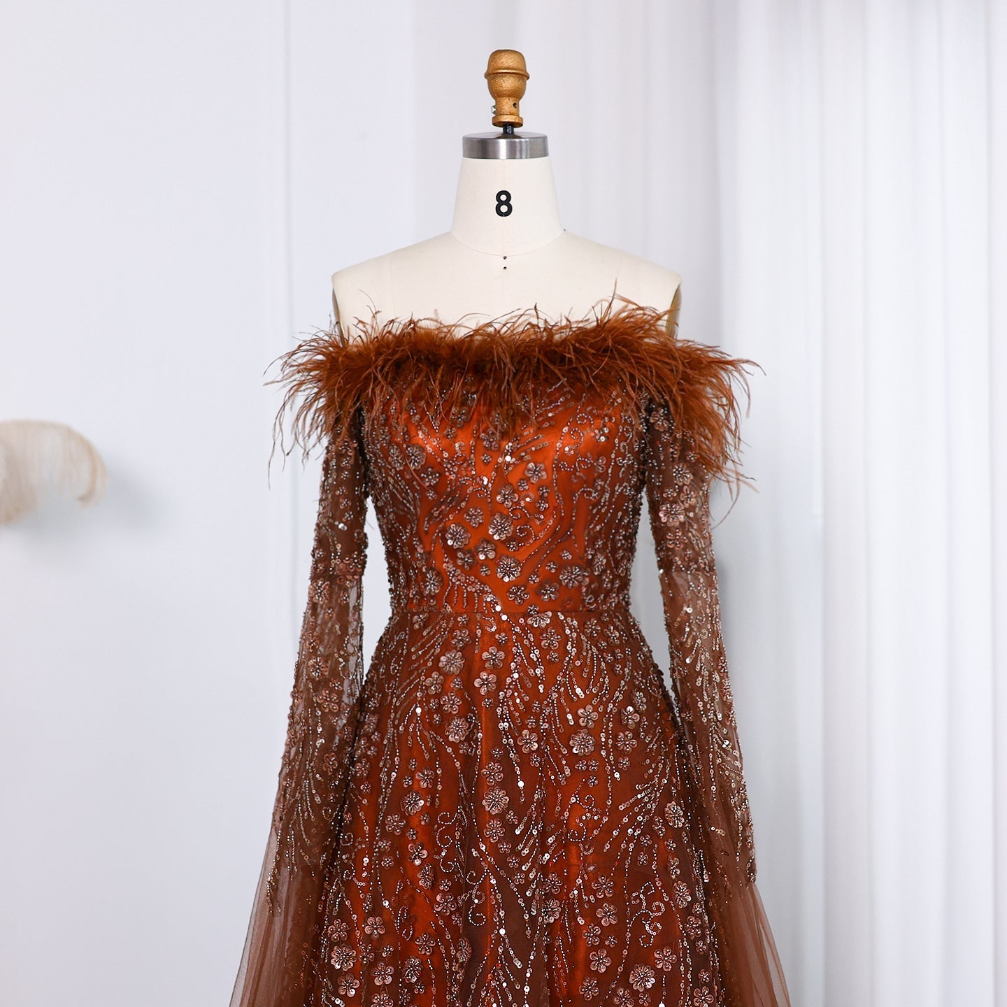 Off Shoulder Feathers Brown Evening Dress with Cape Sleeves SS707