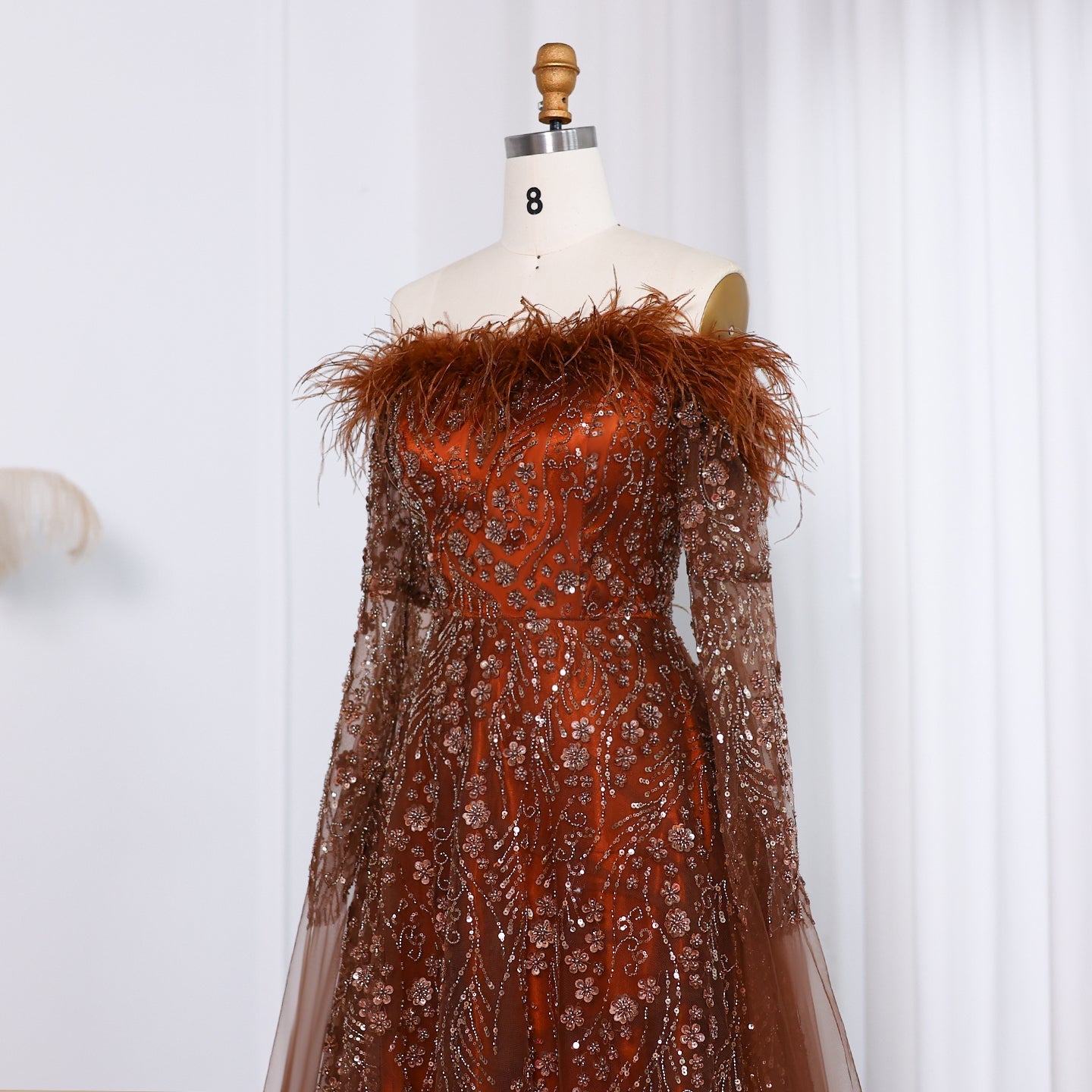 Off Shoulder Feathers Brown Evening Dress with Cape Sleeves SS707