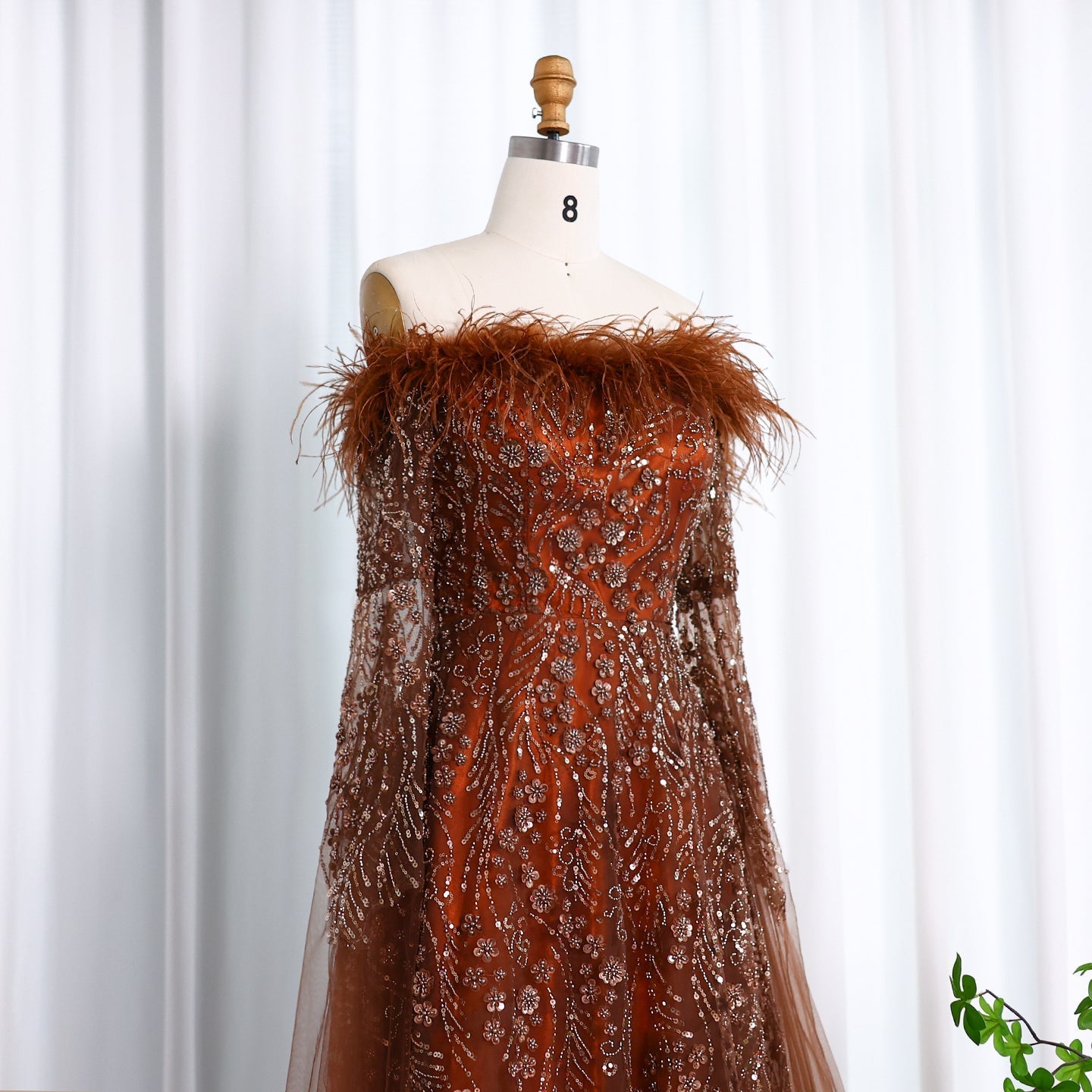 Off Shoulder Feathers Brown Evening Dress with Cape Sleeves SS707