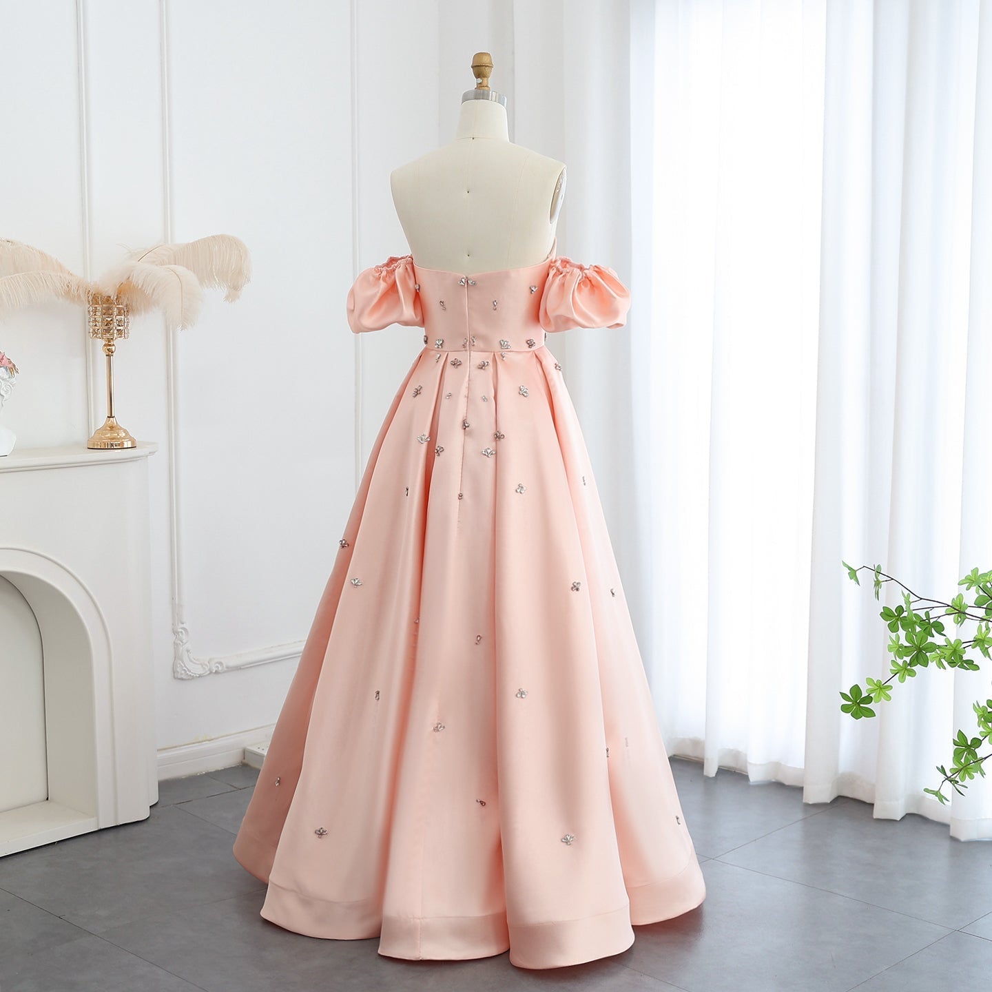 For Sale Crystal Blush Pink Satin Off-Shoulder Evening Dresses SS442