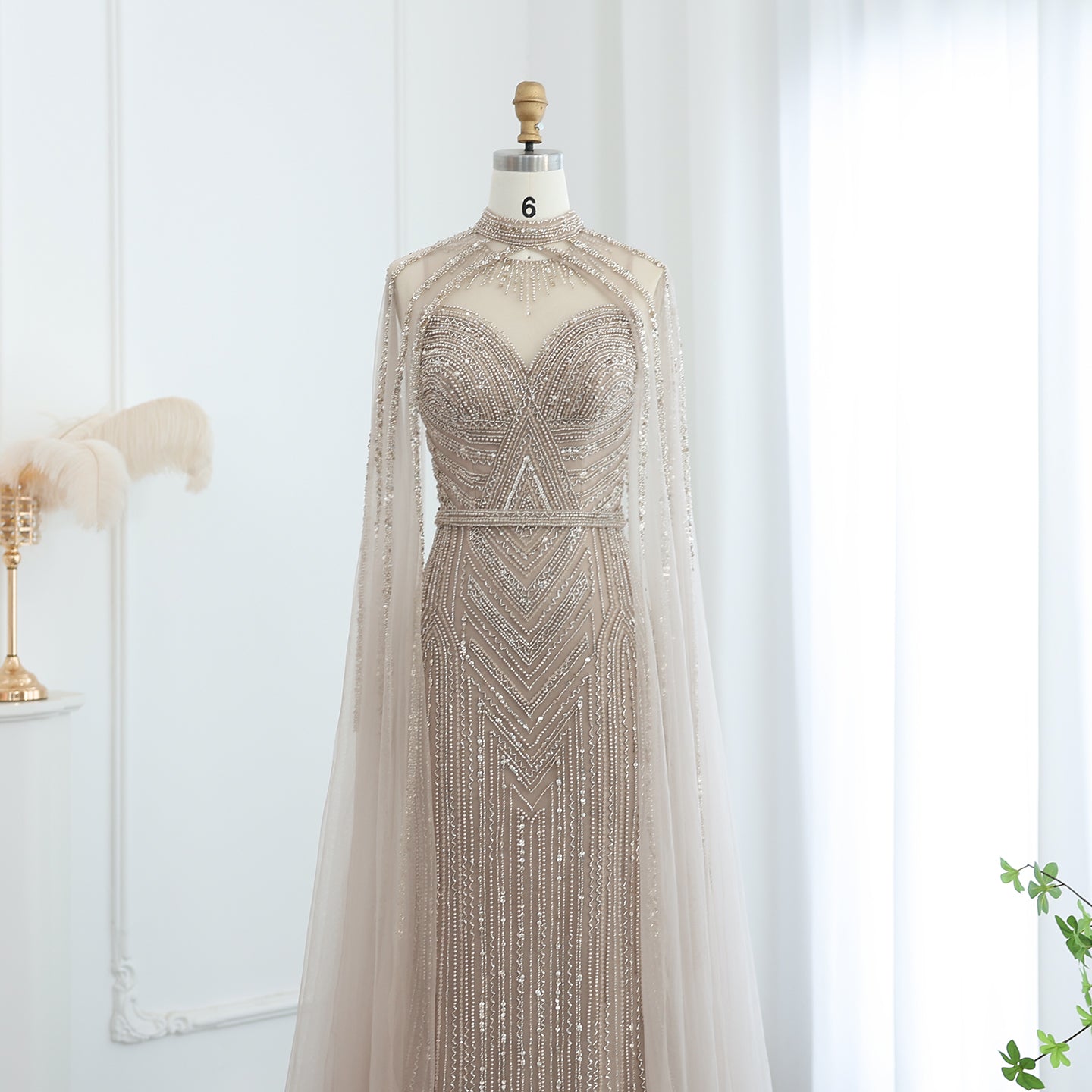 Luxury Green Evening Dress with Cape Sleeve SS164