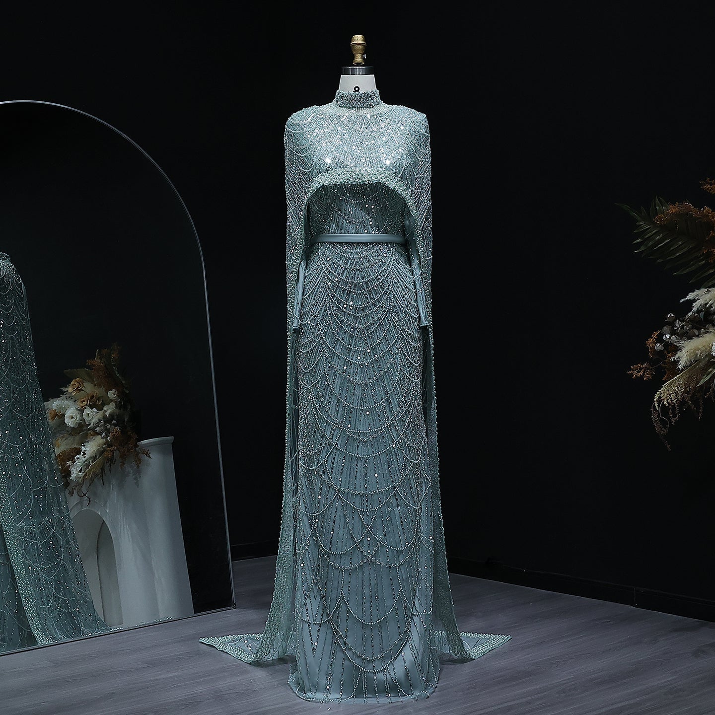 Luxury Long Sleeves Nude Evening Dress with Cape SS369A  Sage Green / US 20