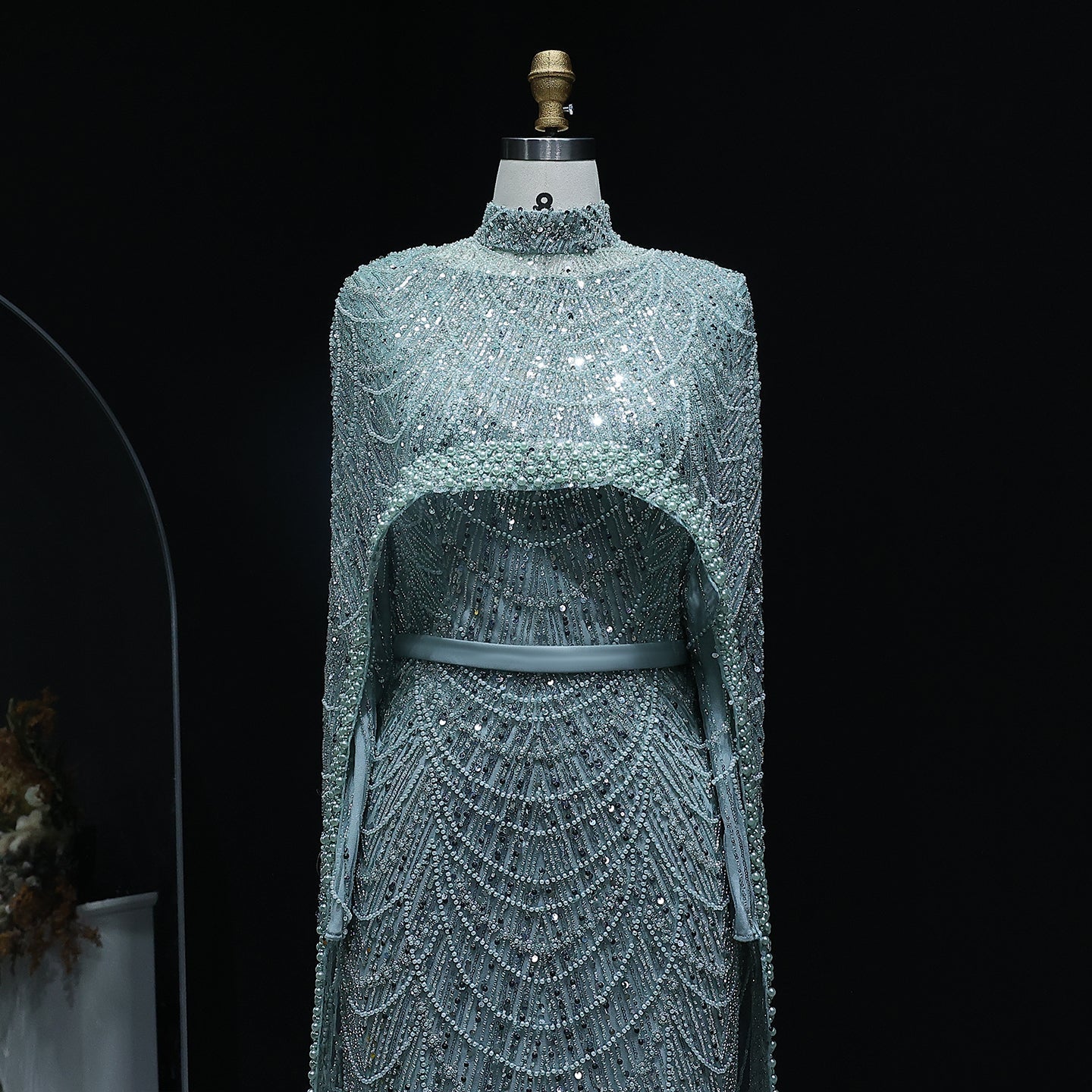 Luxury Long Sleeves Nude Evening Dress with Cape SS369A