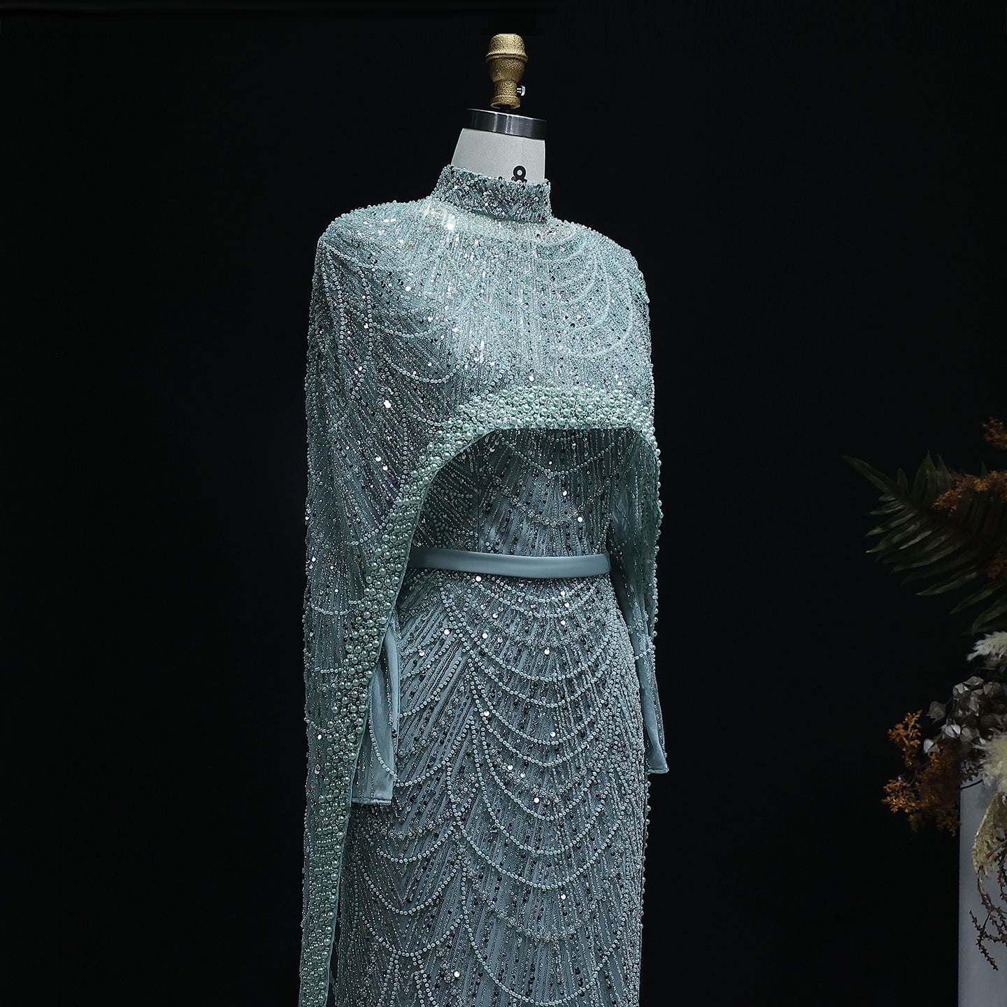 Luxury Long Sleeves Nude Evening Dress with Cape SS369A