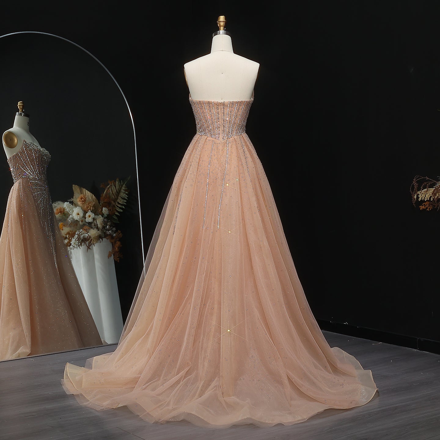 Sparkle Strapless Champagne Evening Dress with Overskirt SS360