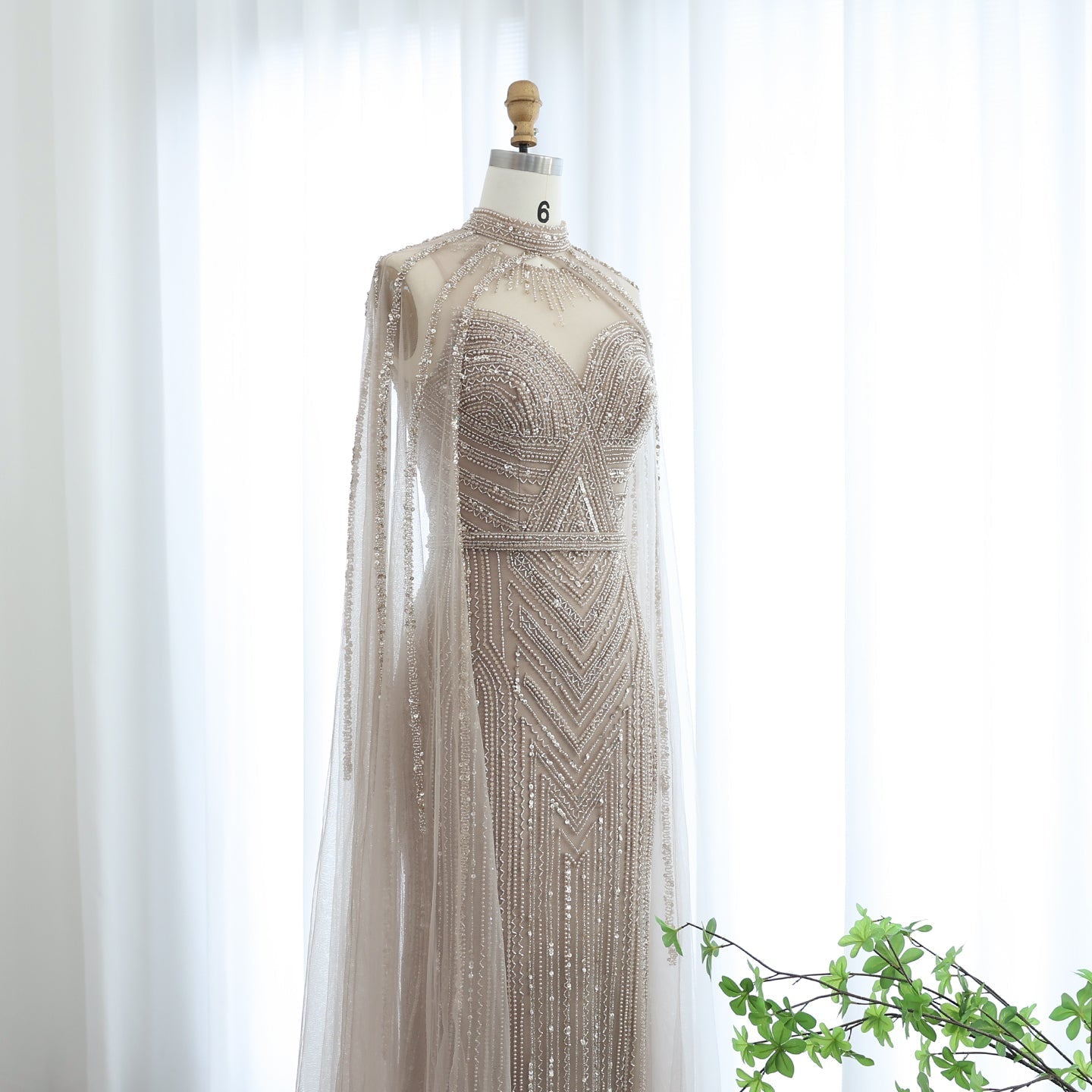 Luxury Green Evening Dress with Cape Sleeve SS164