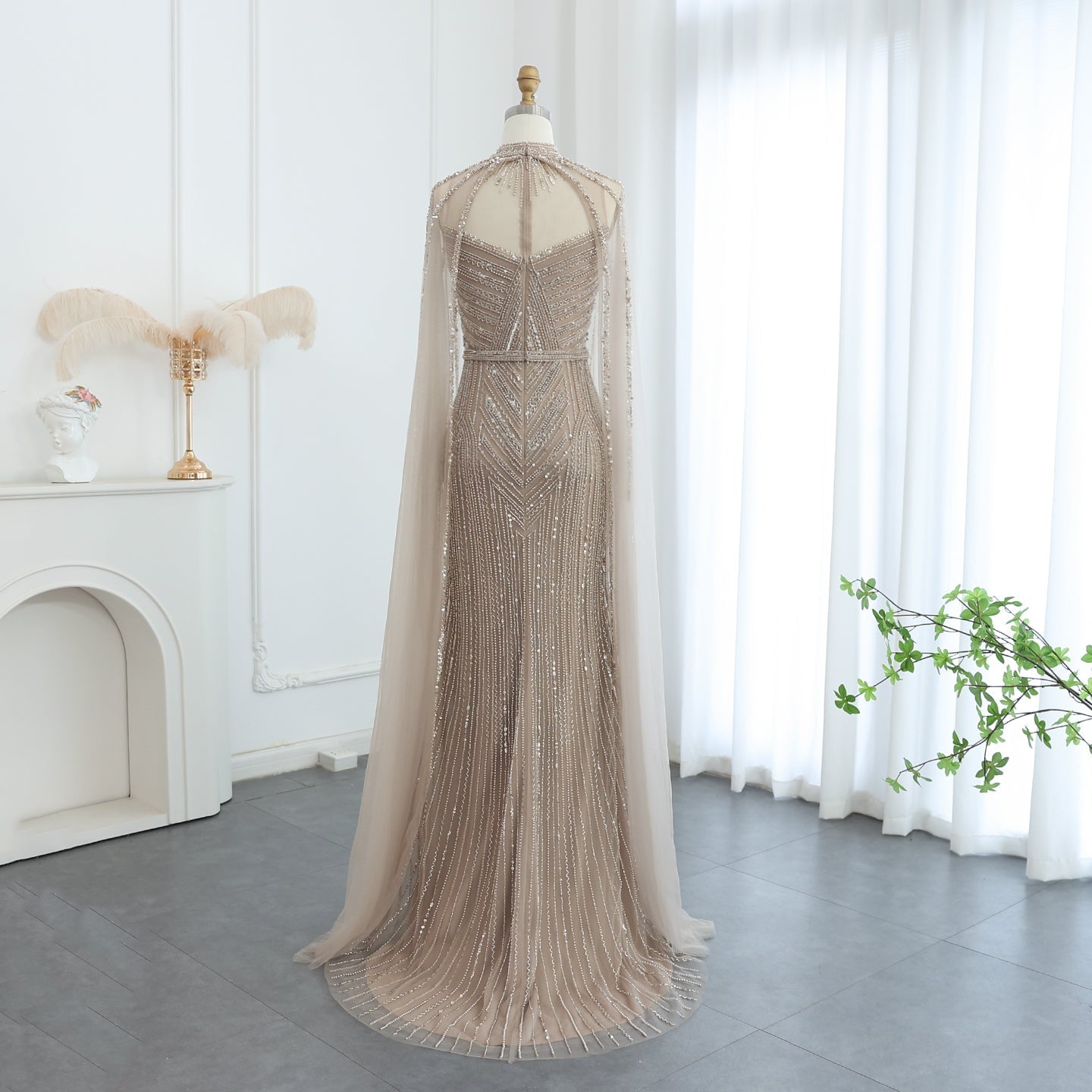 Luxury Green Evening Dress with Cape Sleeve SS164