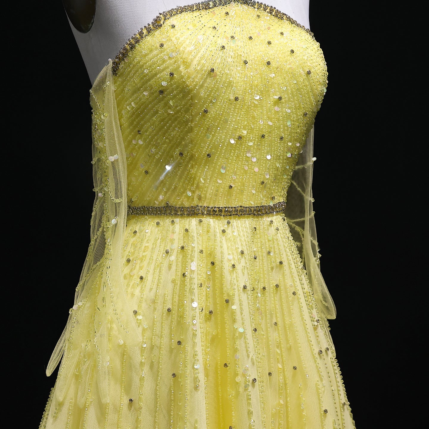 Sparkly Beaded Yellow Halter Evening Dress with Gloves SS313