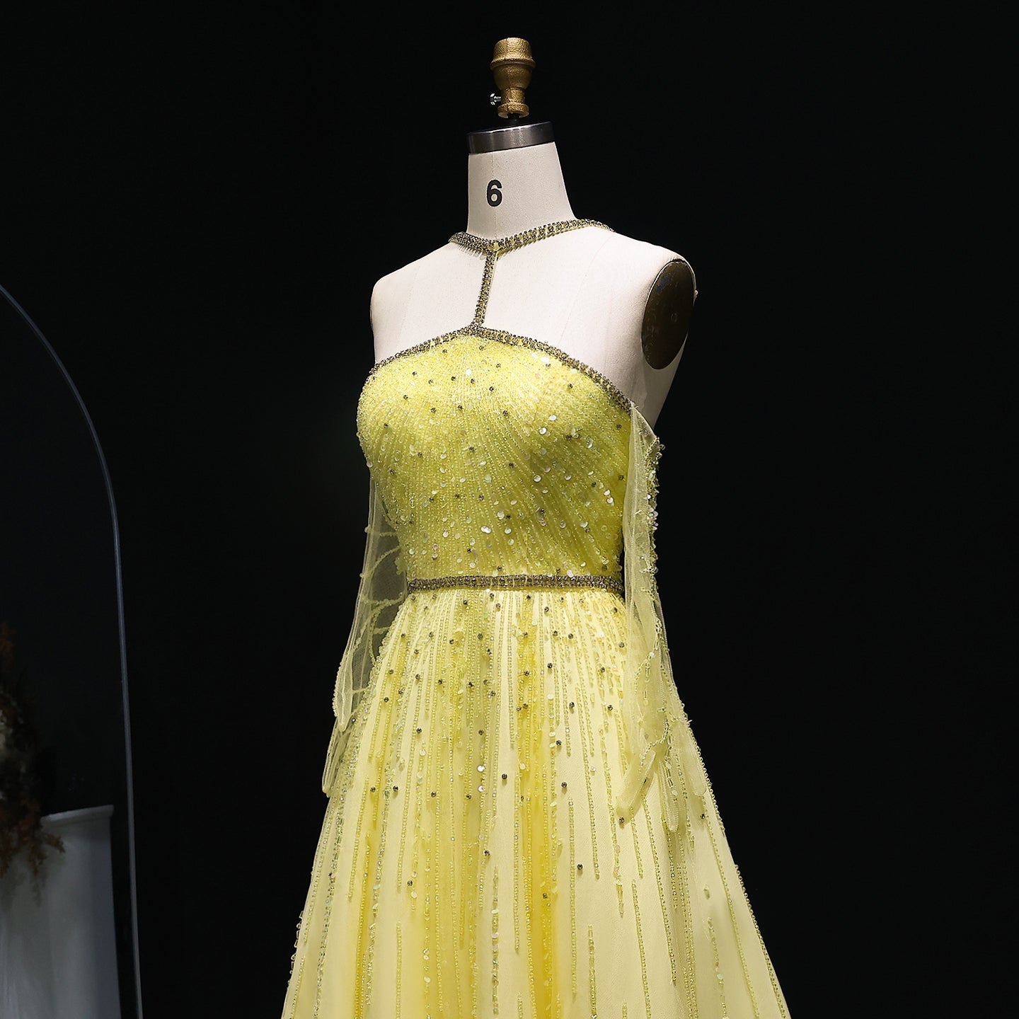 Sparkly Beaded Yellow Halter Evening Dress with Gloves SS313
