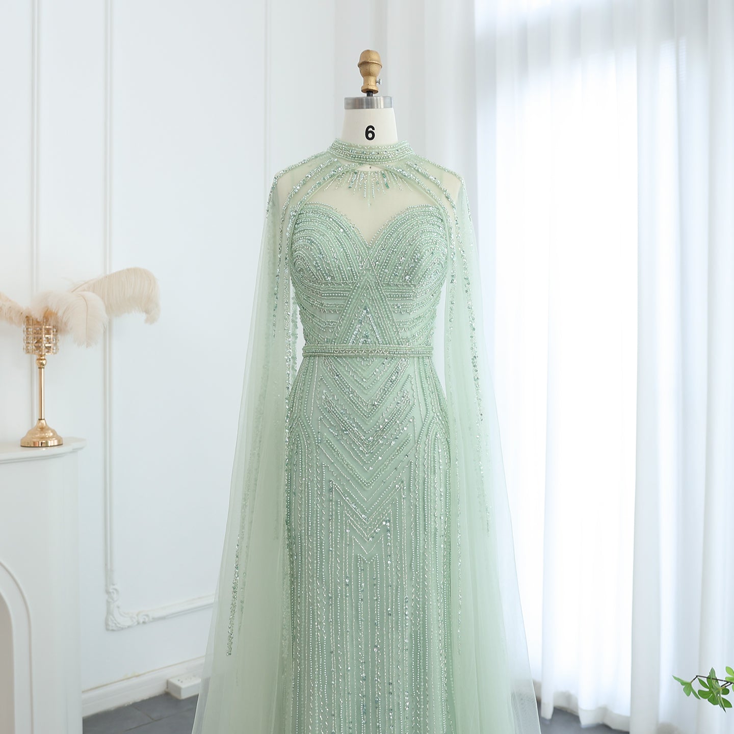 Luxury Green Evening Dress with Cape Sleeve SS164