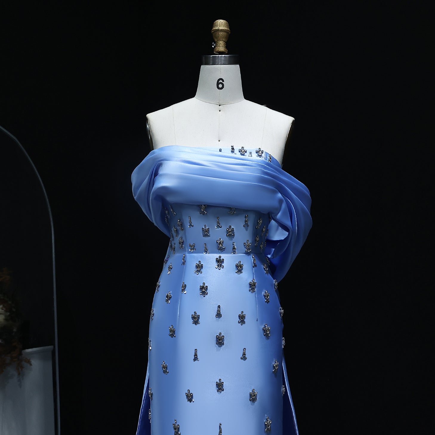 Elegant Crystal Off Shoulder Blue Evening Dress with Overskirt SS270