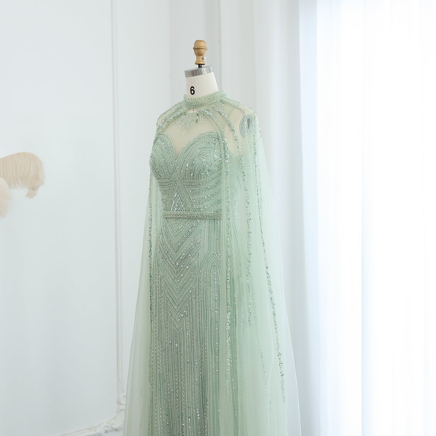 Luxury Green Evening Dress with Cape Sleeve SS164