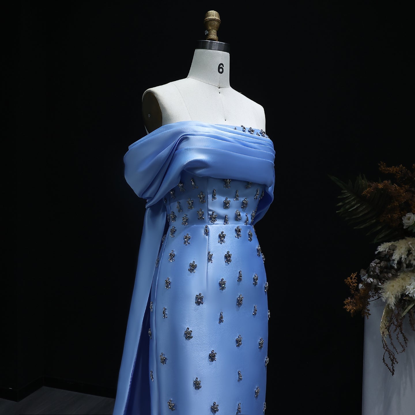 Elegant Crystal Off Shoulder Blue Evening Dress with Overskirt SS270