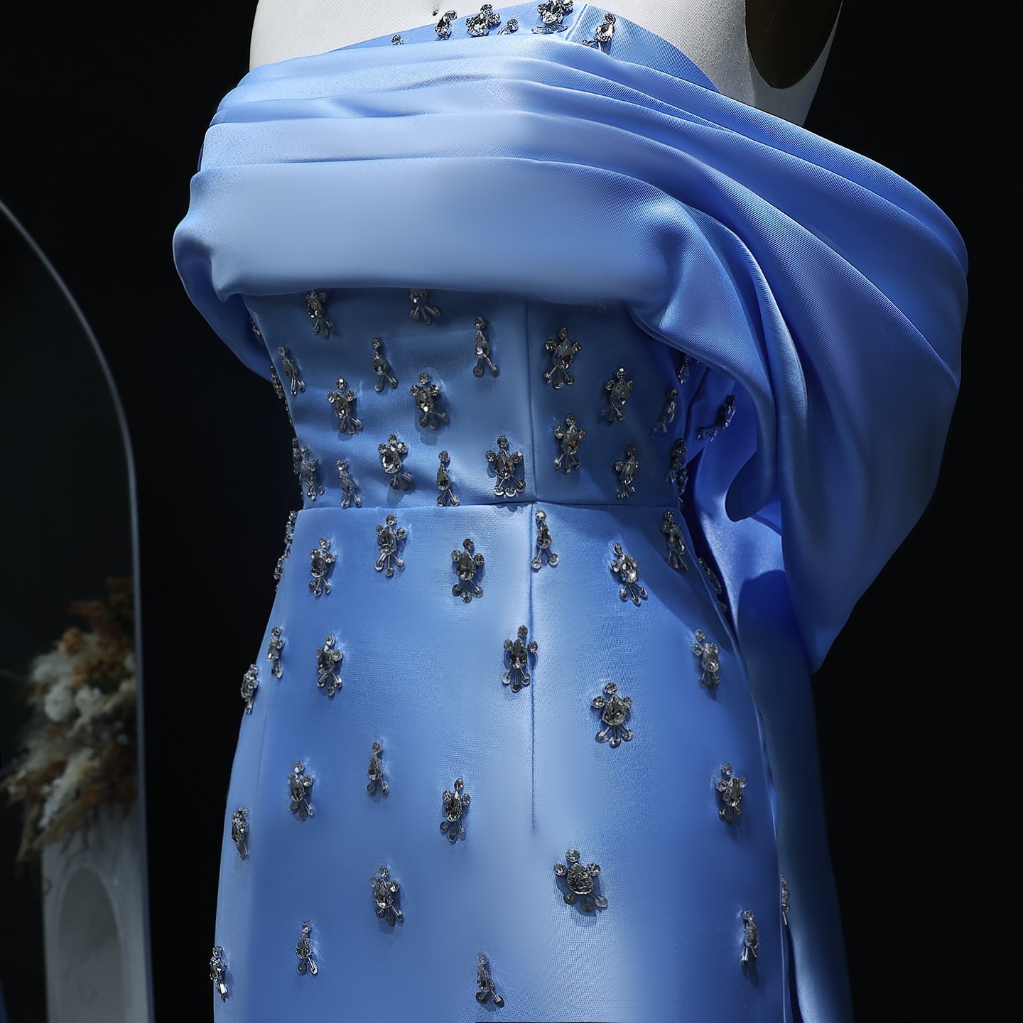 Elegant Crystal Off Shoulder Blue Evening Dress with Overskirt SS270