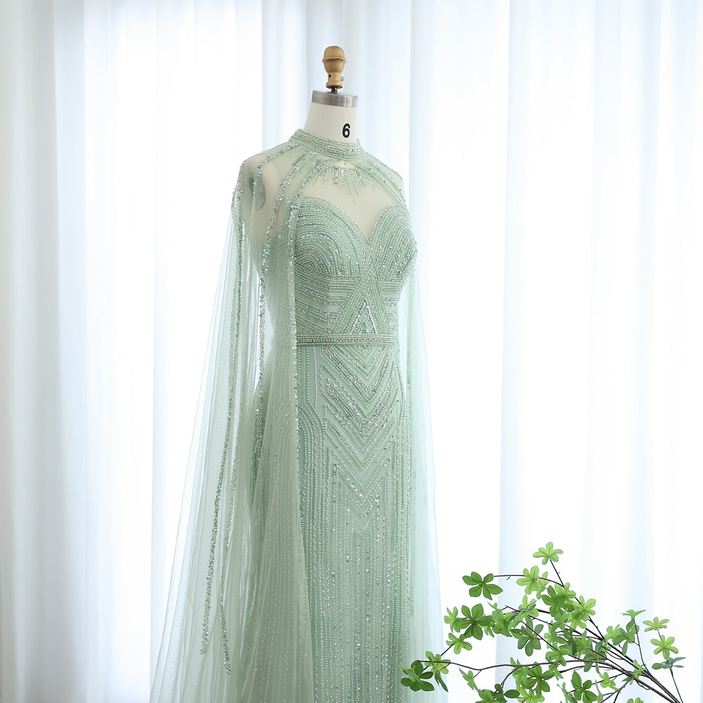 Luxury Green Evening Dress with Cape Sleeve SS164