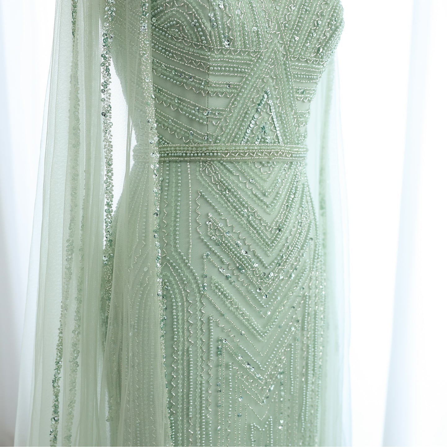 Luxury Green Evening Dress with Cape Sleeve SS164