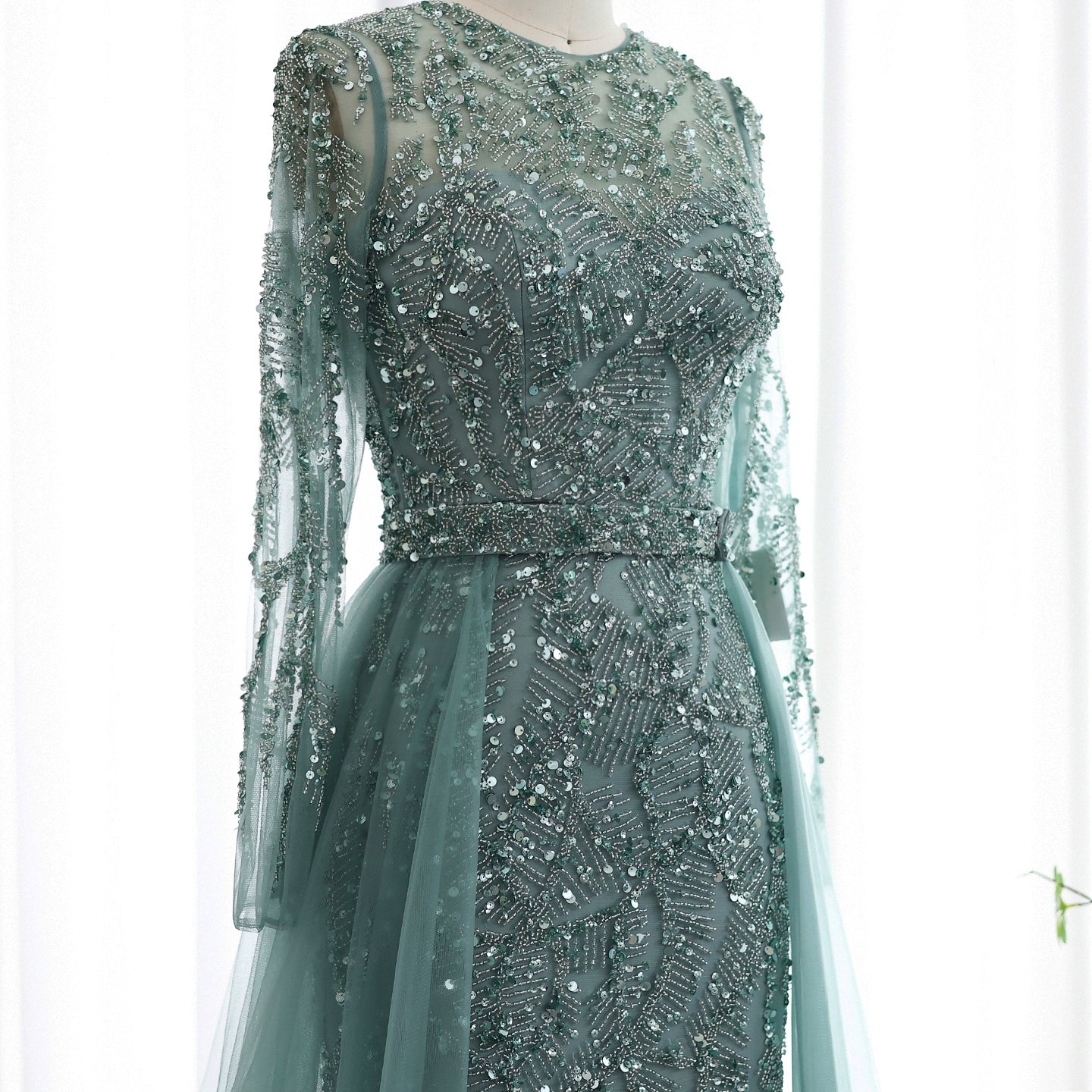 Luxury Turquoise Long Sleeve Evening Dress with Overskirt SS183