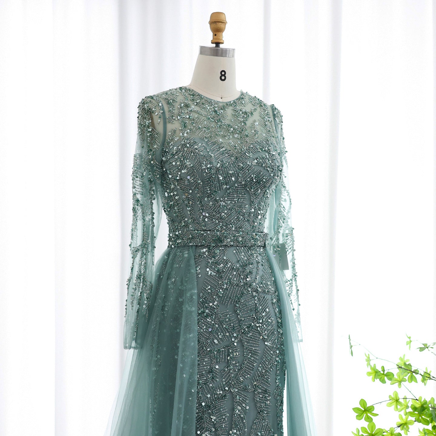 Luxury Turquoise Long Sleeve Evening Dress with Overskirt SS183