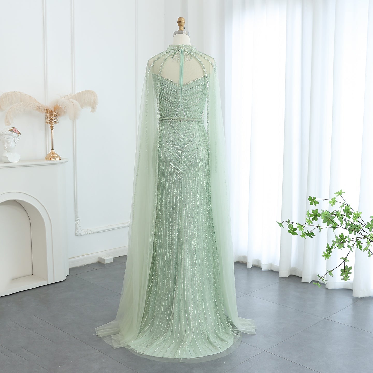 Luxury Green Evening Dress with Cape Sleeve SS164