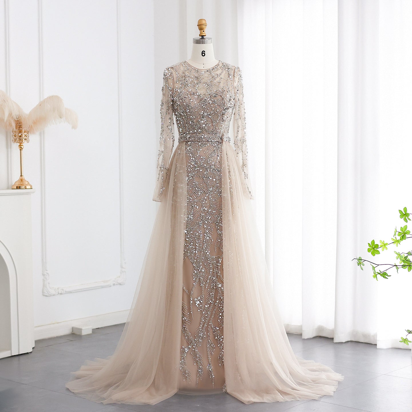 Luxury Turquoise Long Sleeve Evening Dress with Overskirt SS183  Champagne / US 18