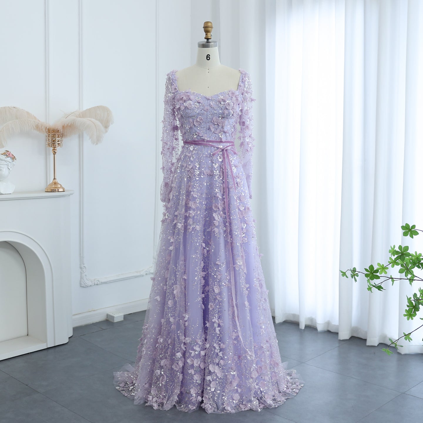 Luxury 3D Flower Gray Long Sleeves Evening Dress SS353  Lilac / US 20