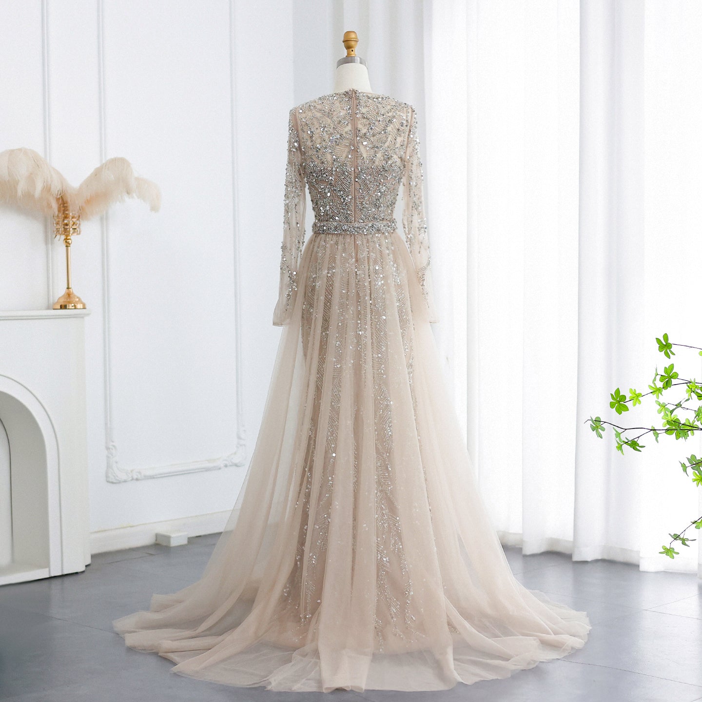 Luxury Turquoise Long Sleeve Evening Dress with Overskirt SS183