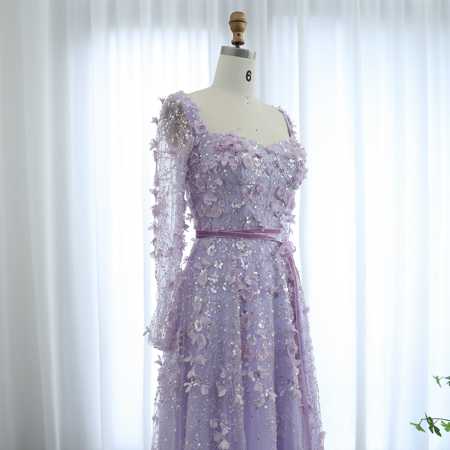 Luxury 3D Flower Gray Long Sleeves Evening Dress SS353