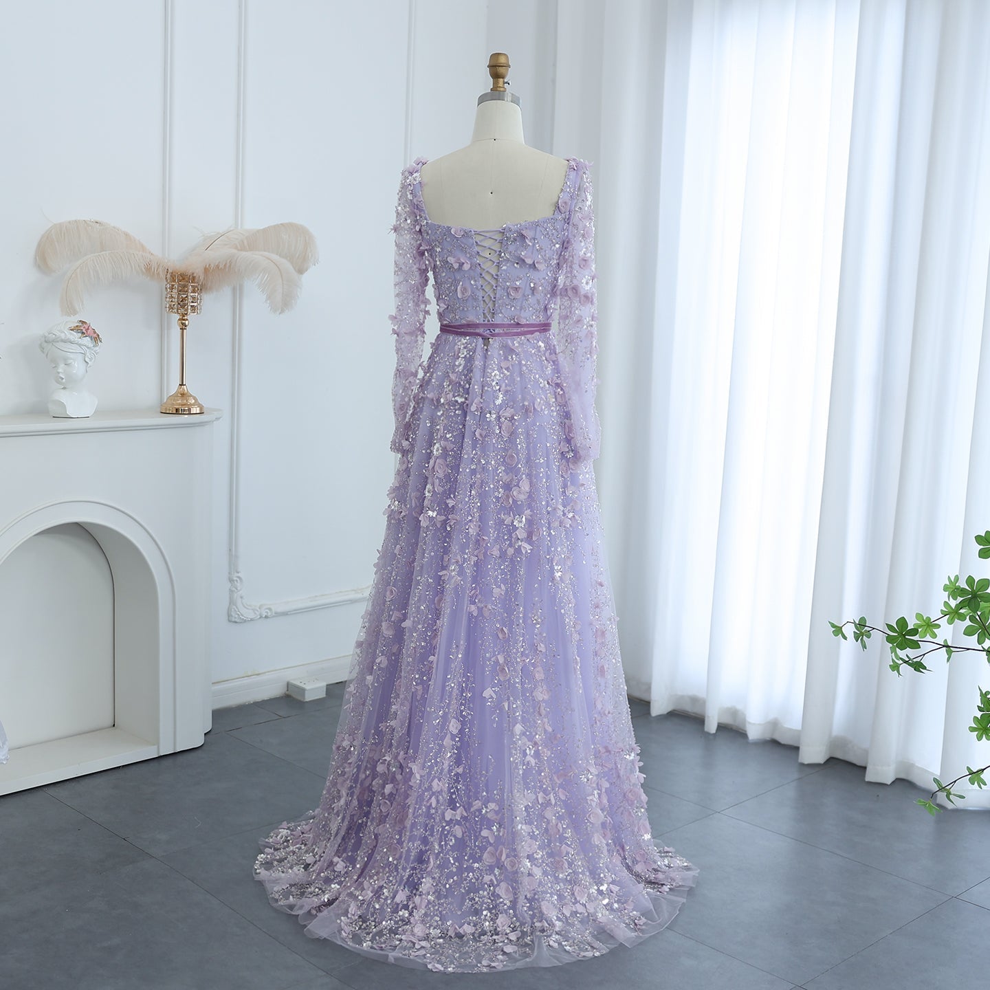 Luxury 3D Flower Gray Long Sleeves Evening Dress SS353