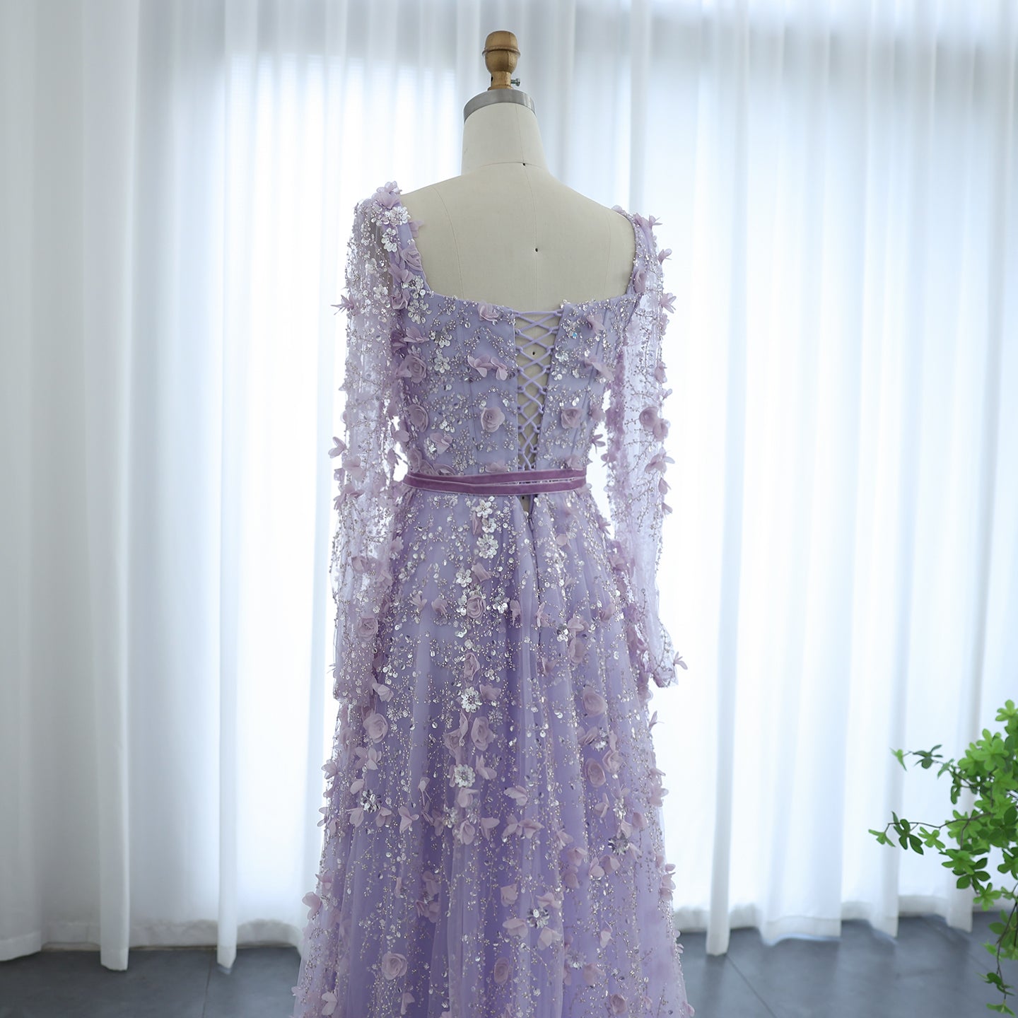 Luxury 3D Flower Gray Long Sleeves Evening Dress SS353